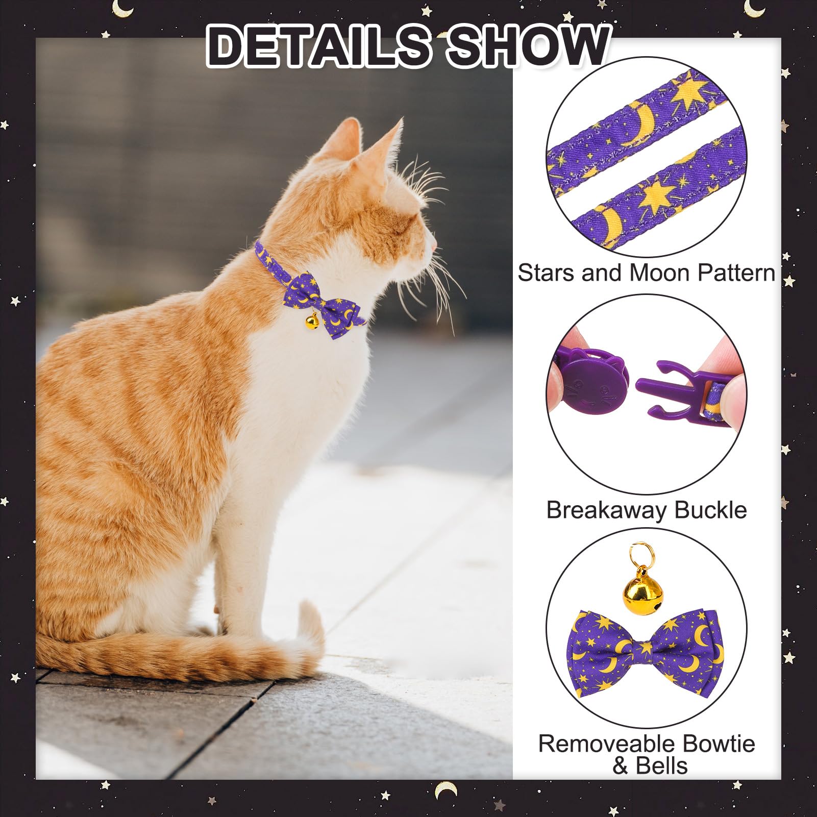 Expawlorer Breakaway Cat Collar With Bells- 2Pcs Adjustable With Bowtie For Girl Boy Kitten, Moon And Stars Pet Collar With Safe