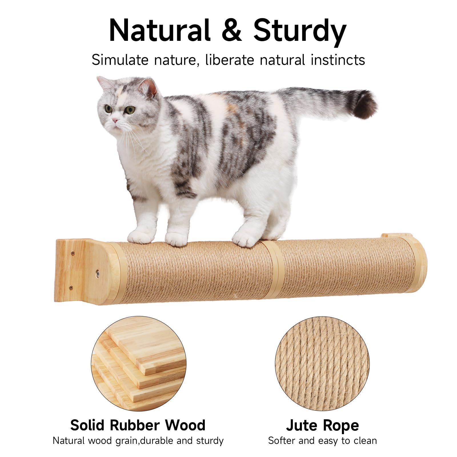 Fukumaru Cat Scratching Post, 35 X 4.5 Inch Cat Wall Furniture, Rubber Wood Wall Mounted Cat Scratcher Posts For Large Cats, Thicker Columns For Multi-Functions