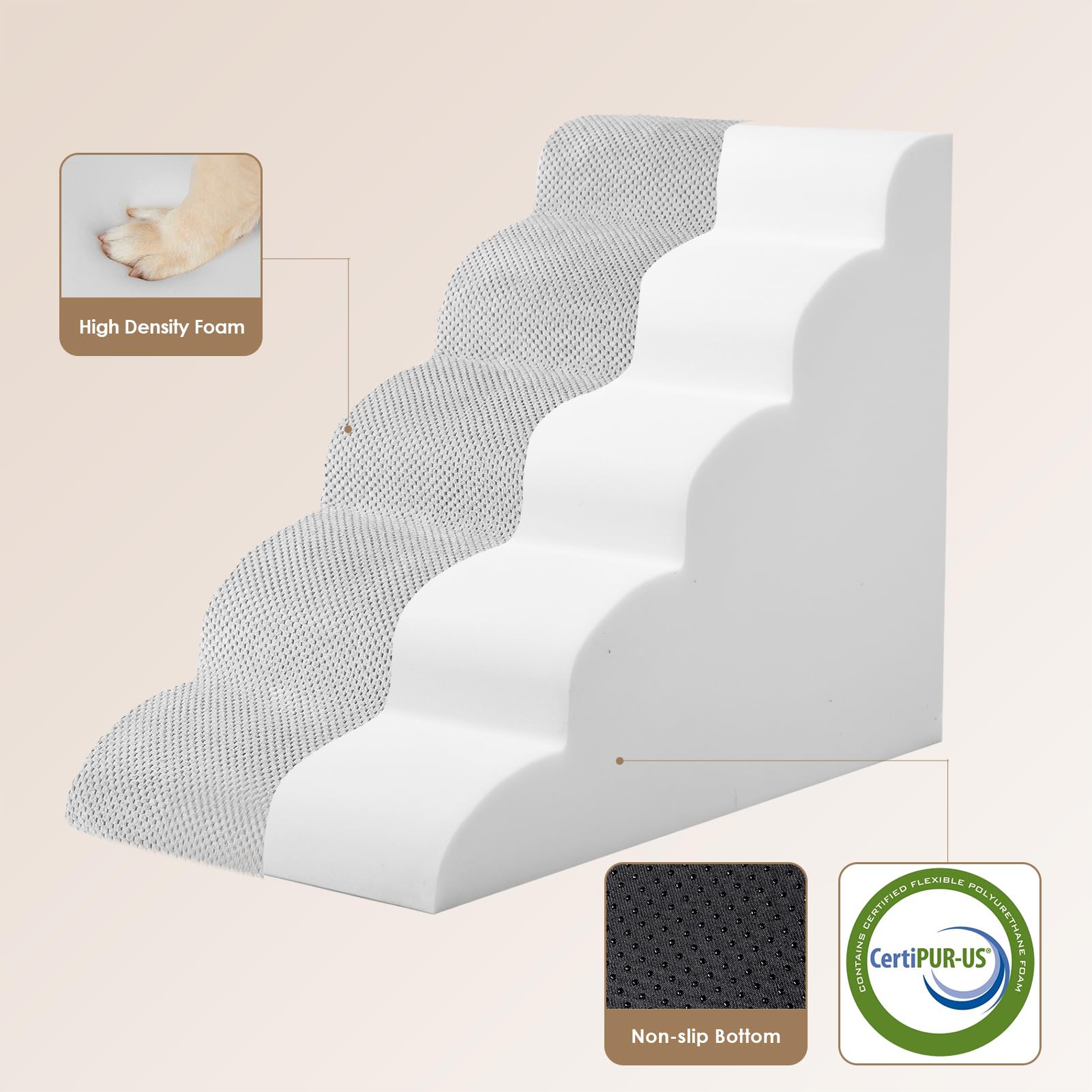 Eheyciga Curved Dog Stairs Ramp For High Beds 22.6' H, 5-Step Dog Steps For Small Dogs And Cats, Pet Stairs For High Bed Climbing, Non-Slip Balanced Pet Step Indoor, Light Grey