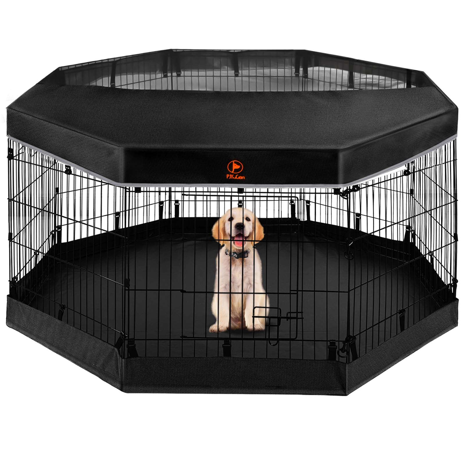 Pjyucien Dog Playpen - 8 Panels 42 Inchh Metal Foldable Exercise Pen, Pet Fence Puppy Crate Kennel Indoor Outdoor With Top Cover & Bottom Pad For Medium Large Pets Black…