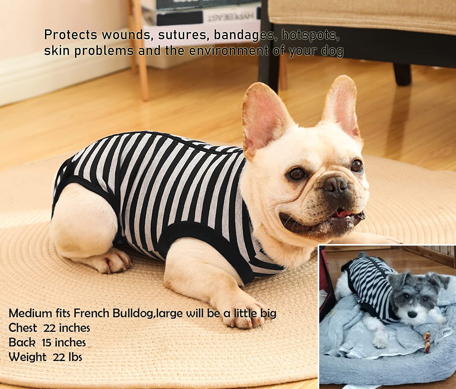 Sychien Dog Surgical Recovery Suit,Surgery Female Spay Shirt,Male Recovery Clothes,Zipper Closure Cotton Striped Wounds Protect