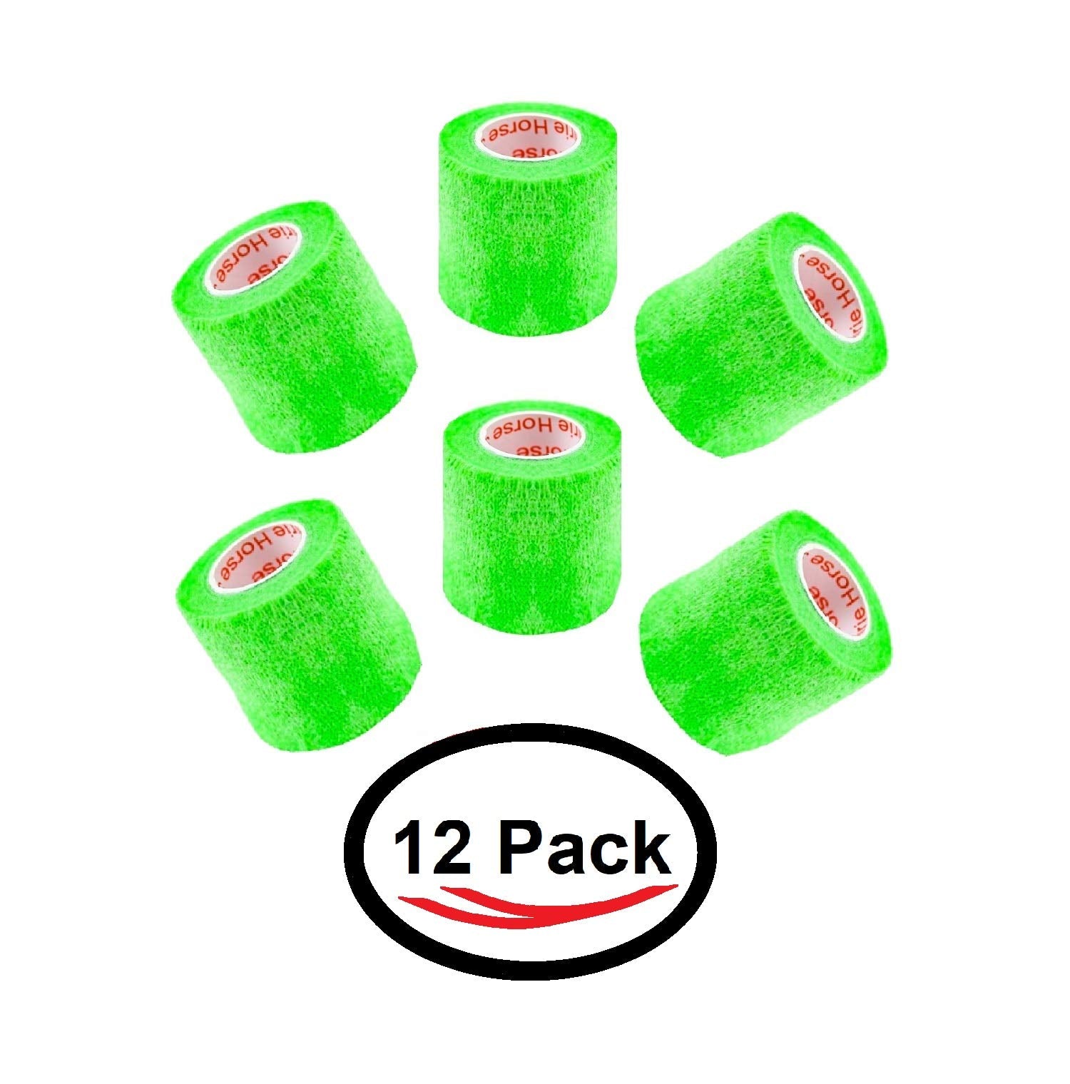 2 Inch Vet Wrap Tape Bulk (Neon Green) (Pack of 12) Self Adhesive Adherent Adhering Flex Bandage Grip Roll for Dog Cat Pet Horse