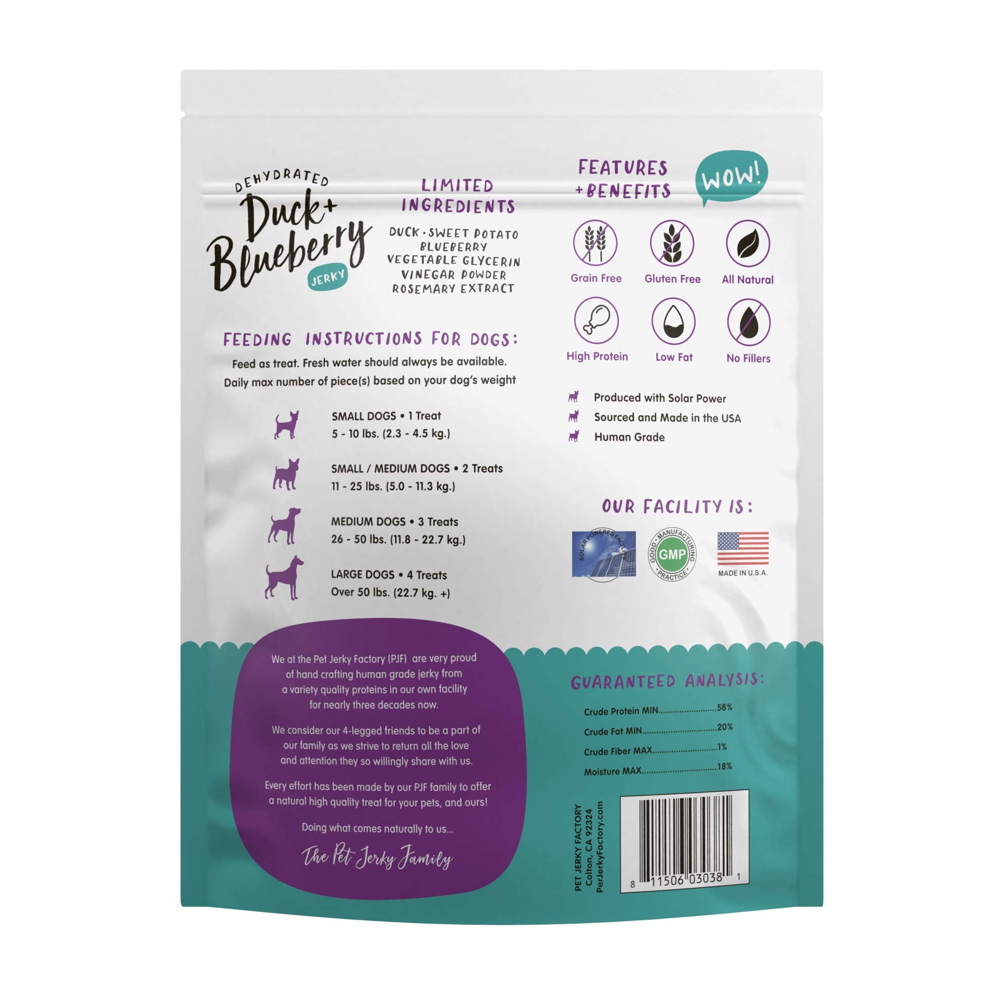 Pet Jerky Factory Premium Duck and Blueberry 12 oz. Dog Jerky Treats | 100% Human Grade | USA Made | High Protein | Grain Free |