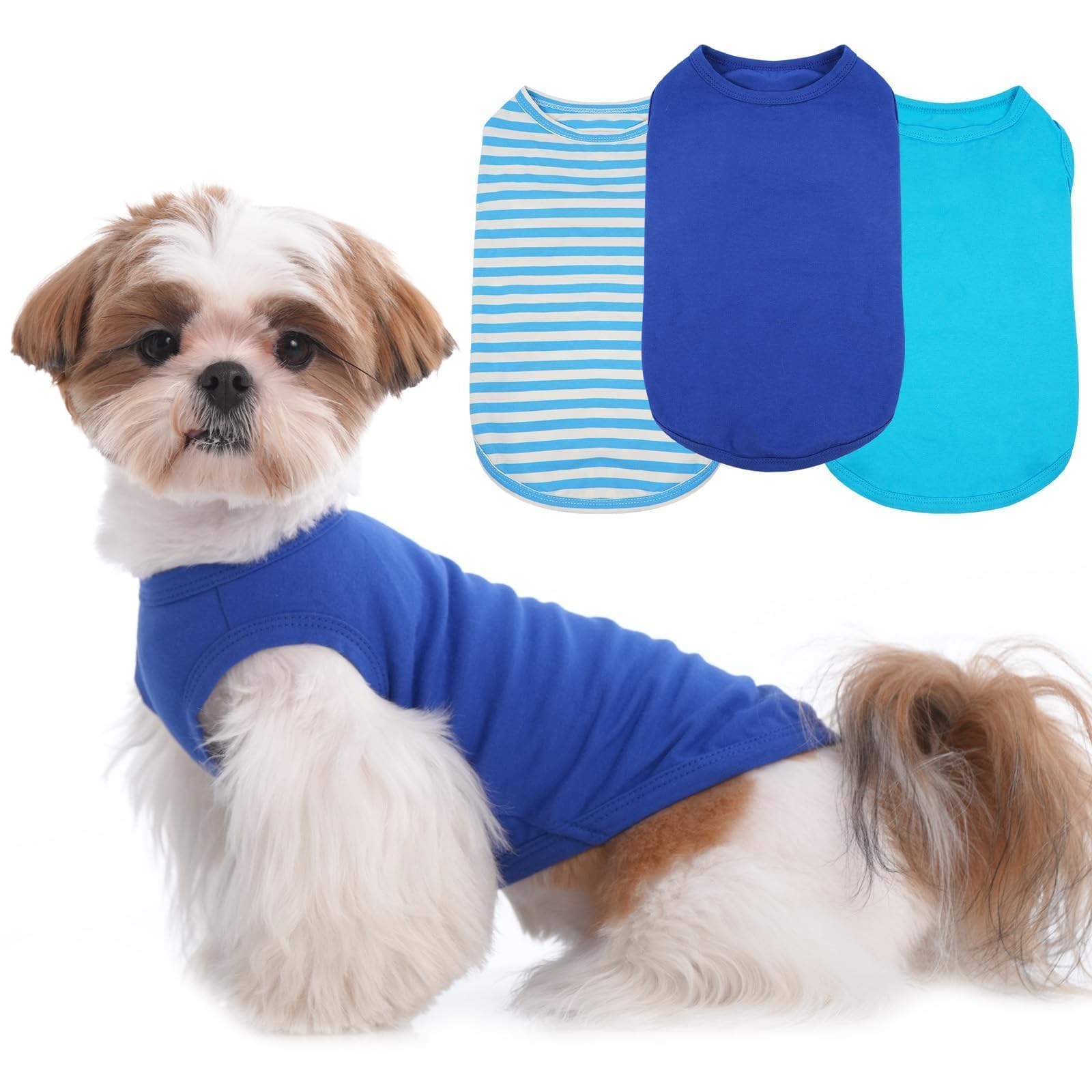 3 Pack Blue Striped T Shirts For Small Dogs,Lightweight Sleeveless Tee Set For Spring&Summer Keep Body Heat After Exercise,Breat
