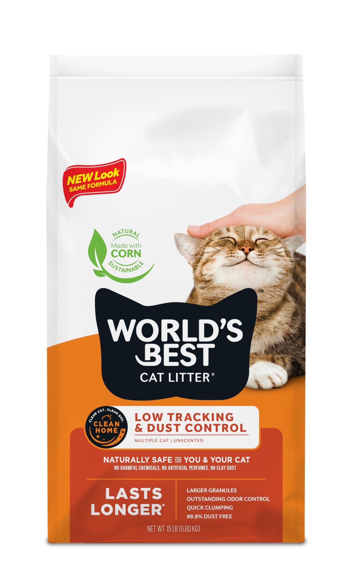 World'S Best Cat Litter Low Tracking & Dust Control Multiple Cat Unscented 15-Pounds - Natural Ingredients, Quick Clumping, Flus