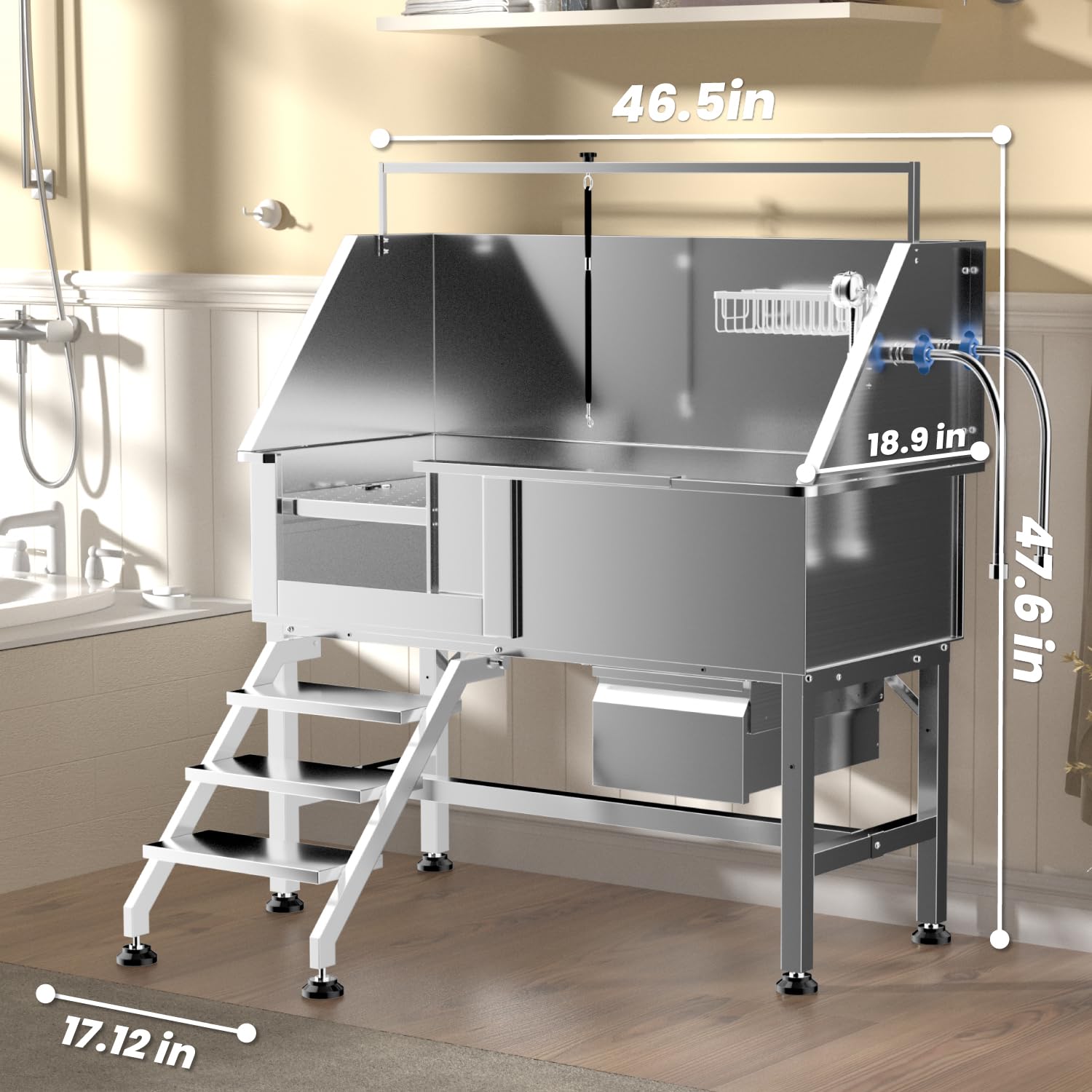 Dytrend Dog Washing Station For Home, Professional 46'' Stainless Steel Dog Bathing Station, Height Adjustable Dog Grooming Tub