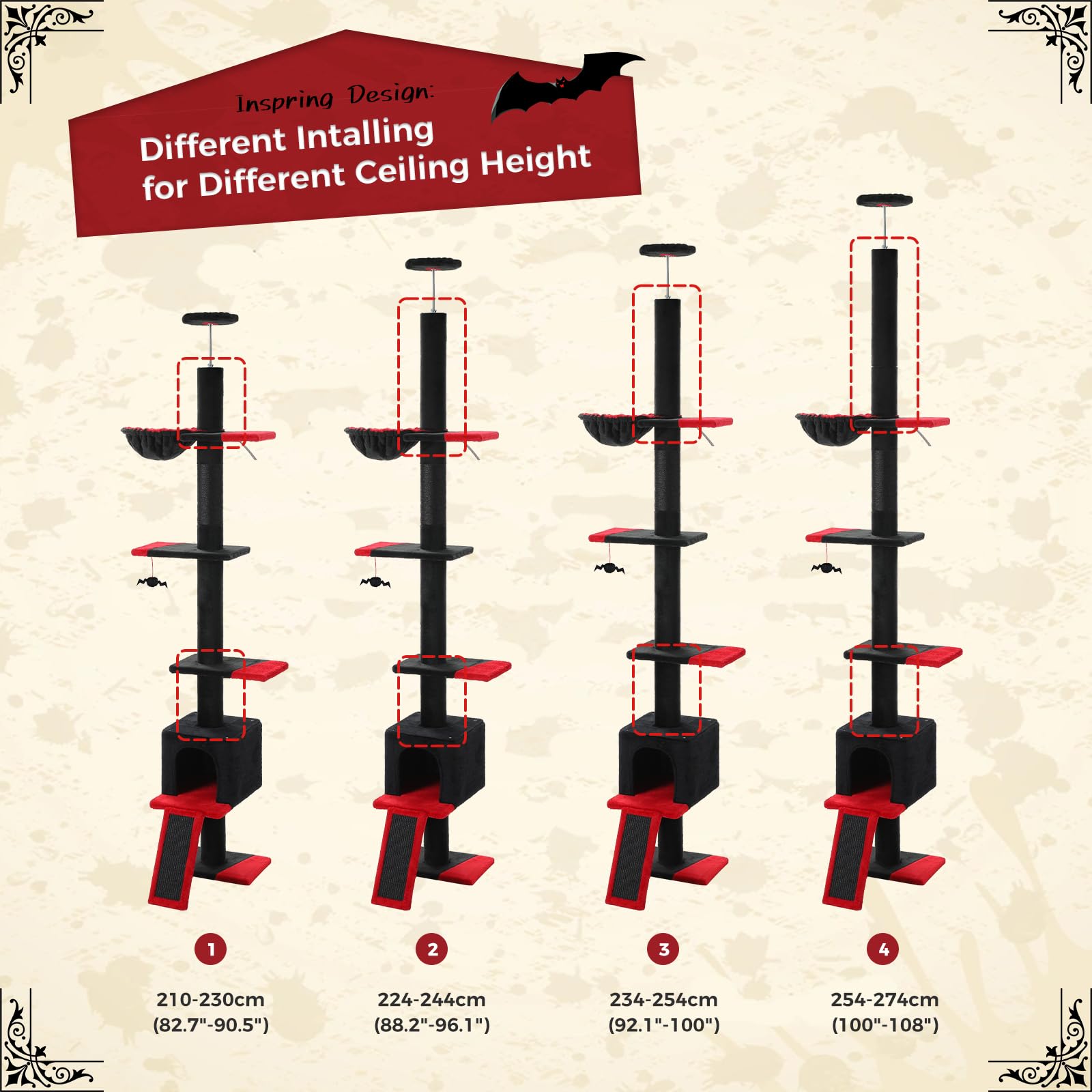 Pequlti Gothic Cat Tree Floor To Ceiling, Tall Cat Tower, Adjustable Height (83''-108'') 5 Tiers Climbing Tree For Indoor Cats W