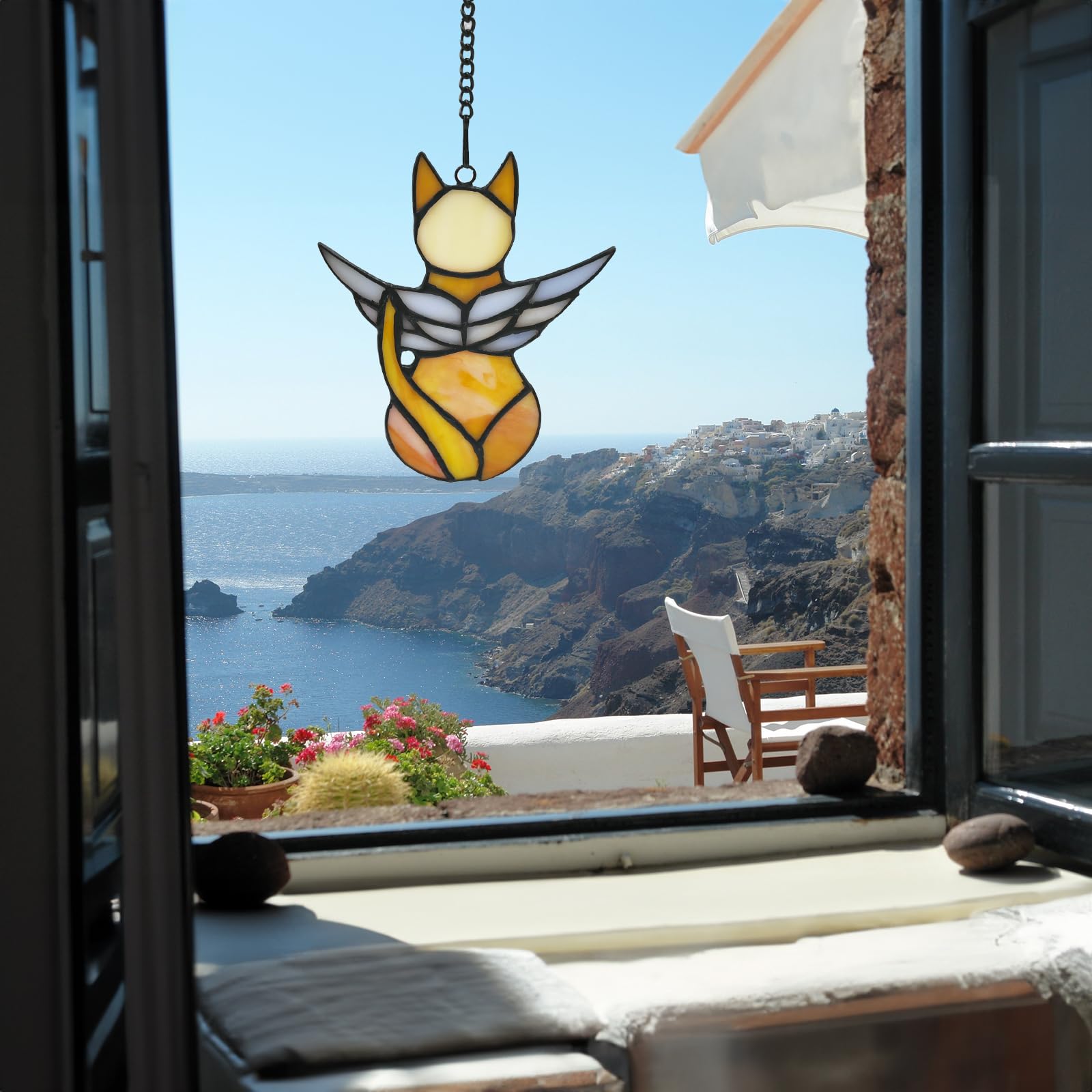 Fluffycaptain Handcrafted Stained Glass Orange Angel Cat Suncatcher - Pet Memorial Gift With Colorful Wings, Cat Lovers Sympathy