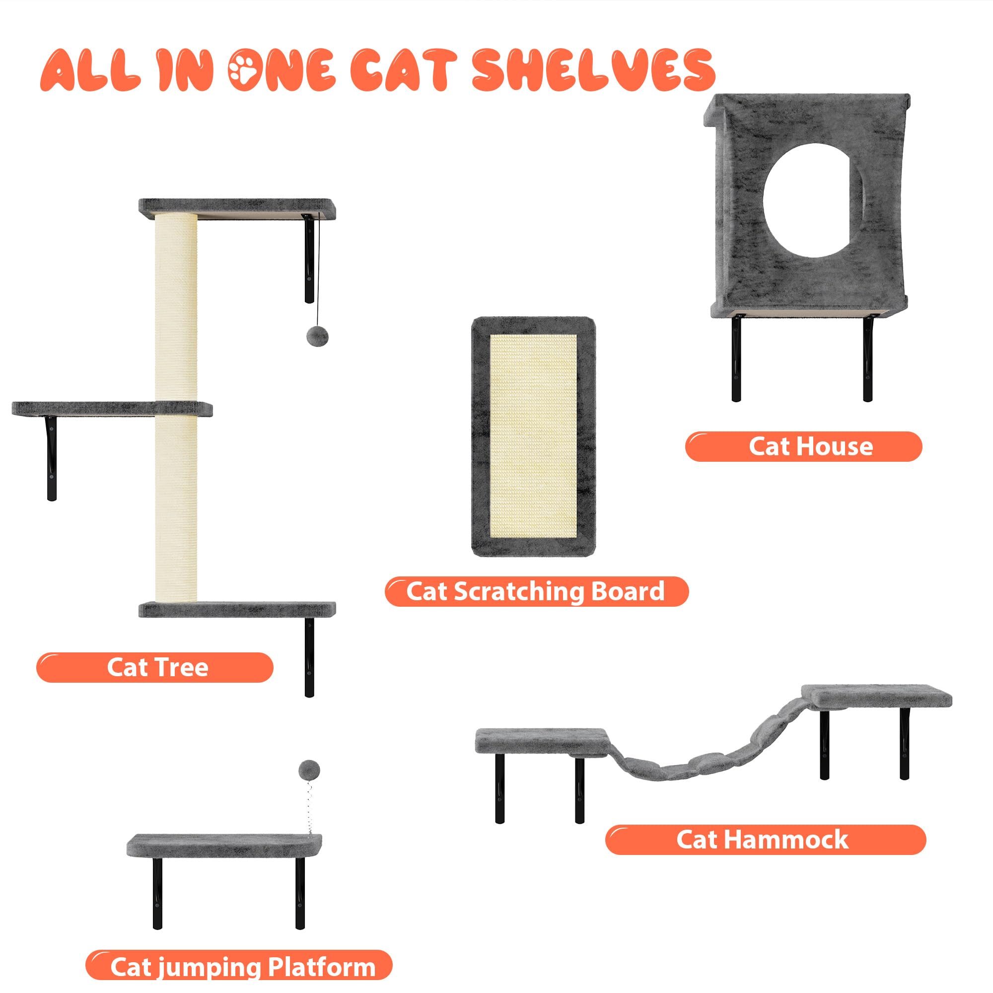 Nunu Lab Cat Wall Shelves Set, 5 Pcs Wall-Mounted Cat Climber With Cat House, Bridge, Scratching Post, Hammock, Wall Shelves, Gr