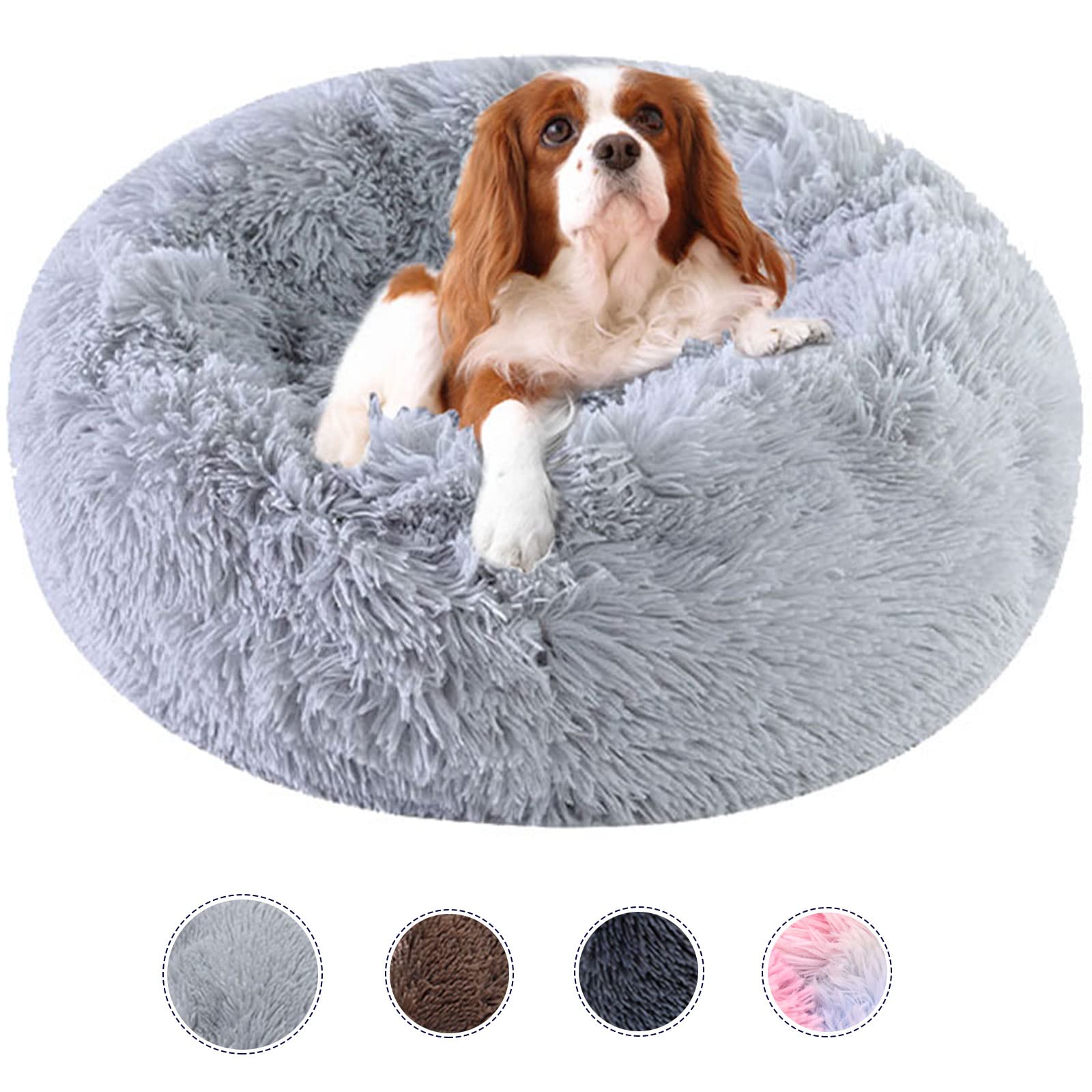 Kimpets Dog Bed Calming Dog Beds For Small Medium Large Dogs - Round Donut Washable Dog Bed, Anti-Slip Faux Fur Fluffy Donut Cuddler Anxiety Cat Bed(20')