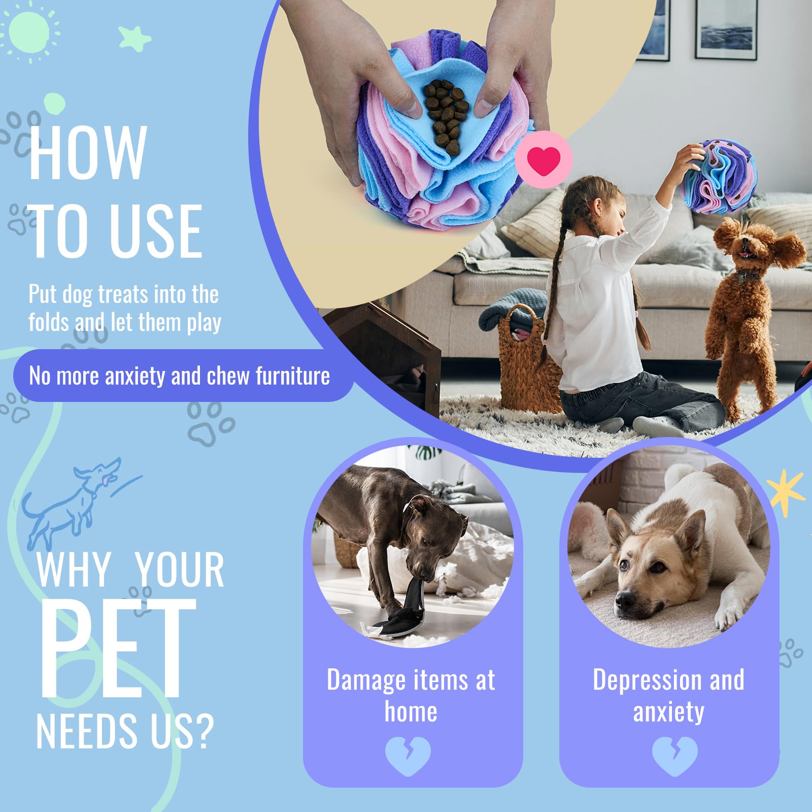 Larimuer Pet Snuffle Ball, Puzzle Sniffing Interactive Dog Enrichment Toys For Blind Dogs Training & Stress Relief (15Cm, Macaro