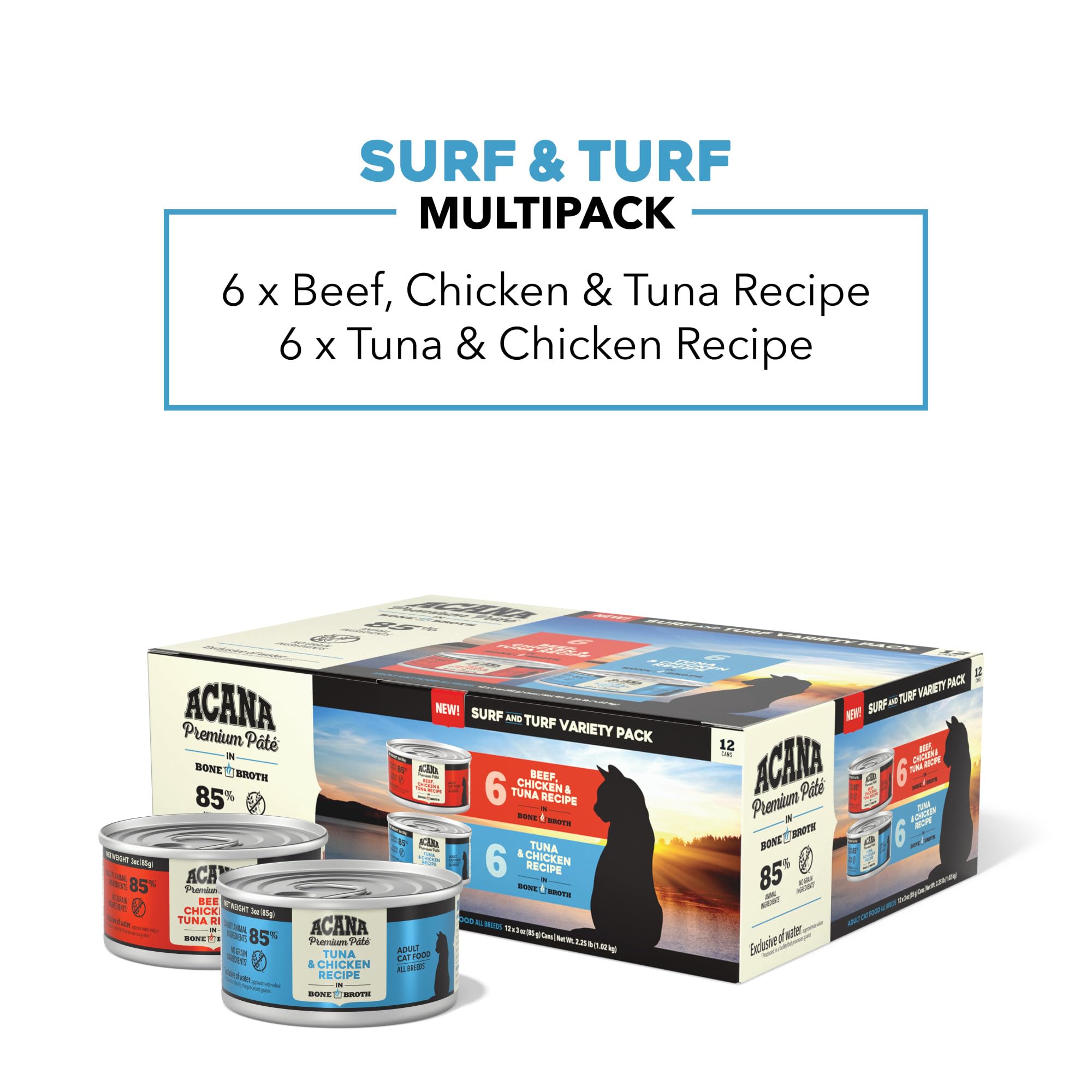 ACANA Premium Pate Wet Cat Food in Bone Broth Variety Pack: Surf and Turf - Beef Chicken & Tuna + Tuna & Chicken Recipes 3oz Can