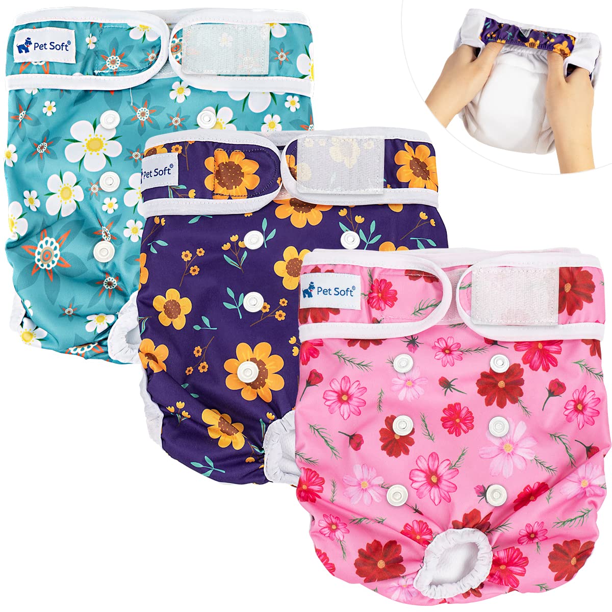 Pet Soft Washable Female Diapers (3 Pack) - Female Dog Diapers, Comfort Reusable Doggy Diapers For Girl Dog In Period Heat (Cute Flower, L)