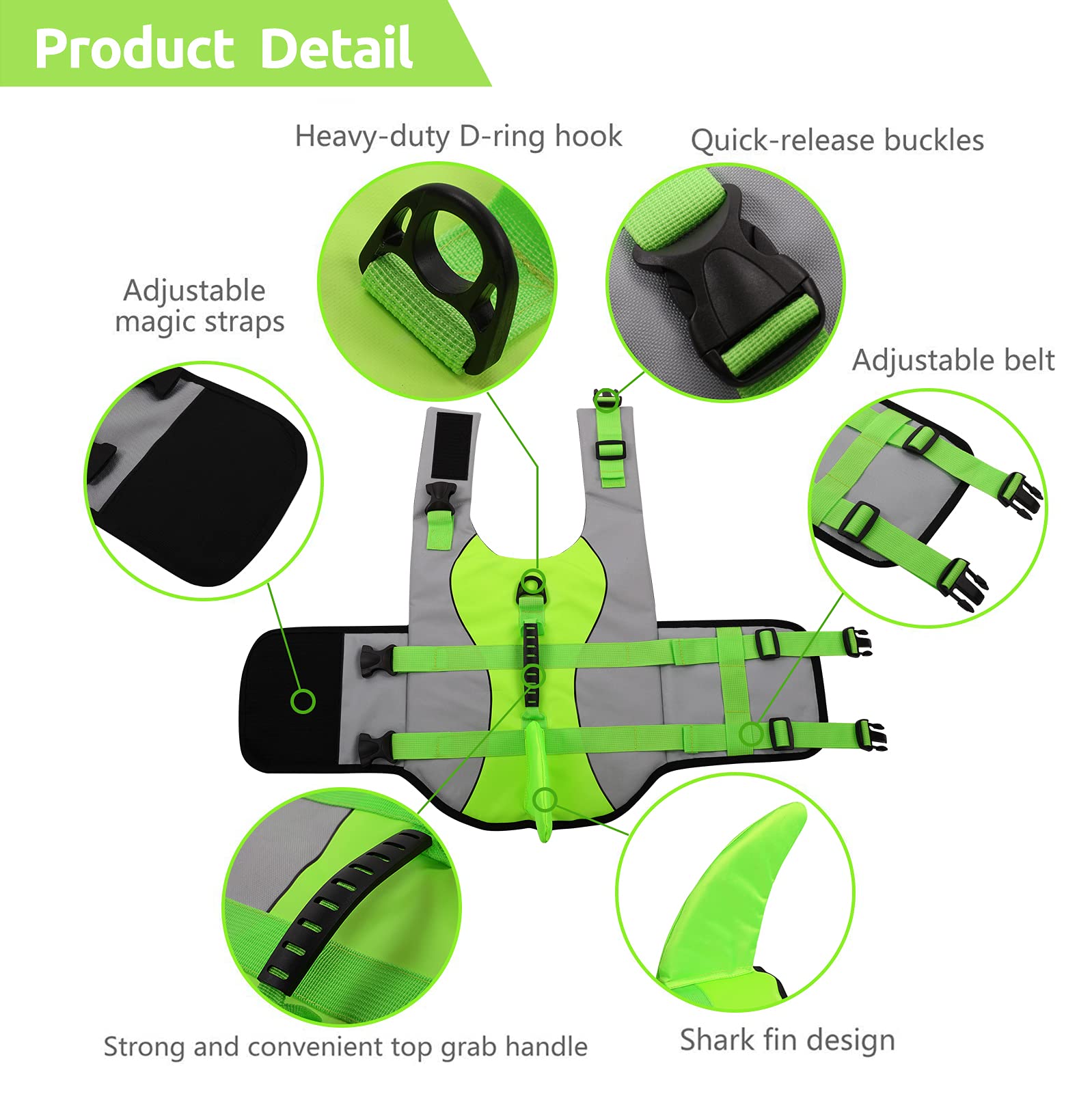 Asenku Dog Life Jacket Pet Life Safety Vest For Swimming Boating, Dog Shark Life Jackets Dog Lifesavers Swimsuits For Pool, Dog Water Floatation Vest For Small Medium Large Dogs, Green, Medium