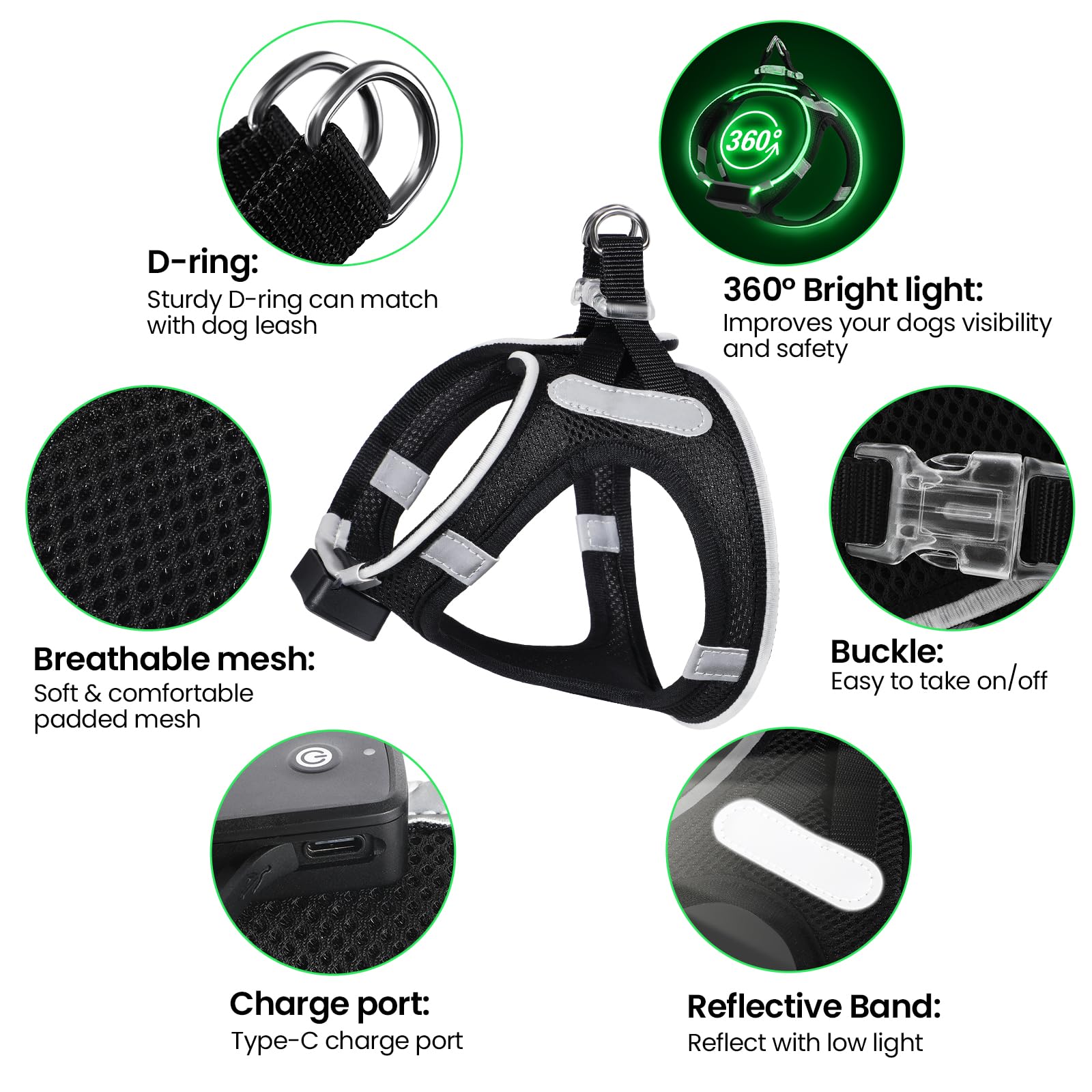 Pceotllar Led Dog Harness For Puppy - Small/Medium, Rechargeable No-Pull, Reflective Flashing For Night Walking (Green)