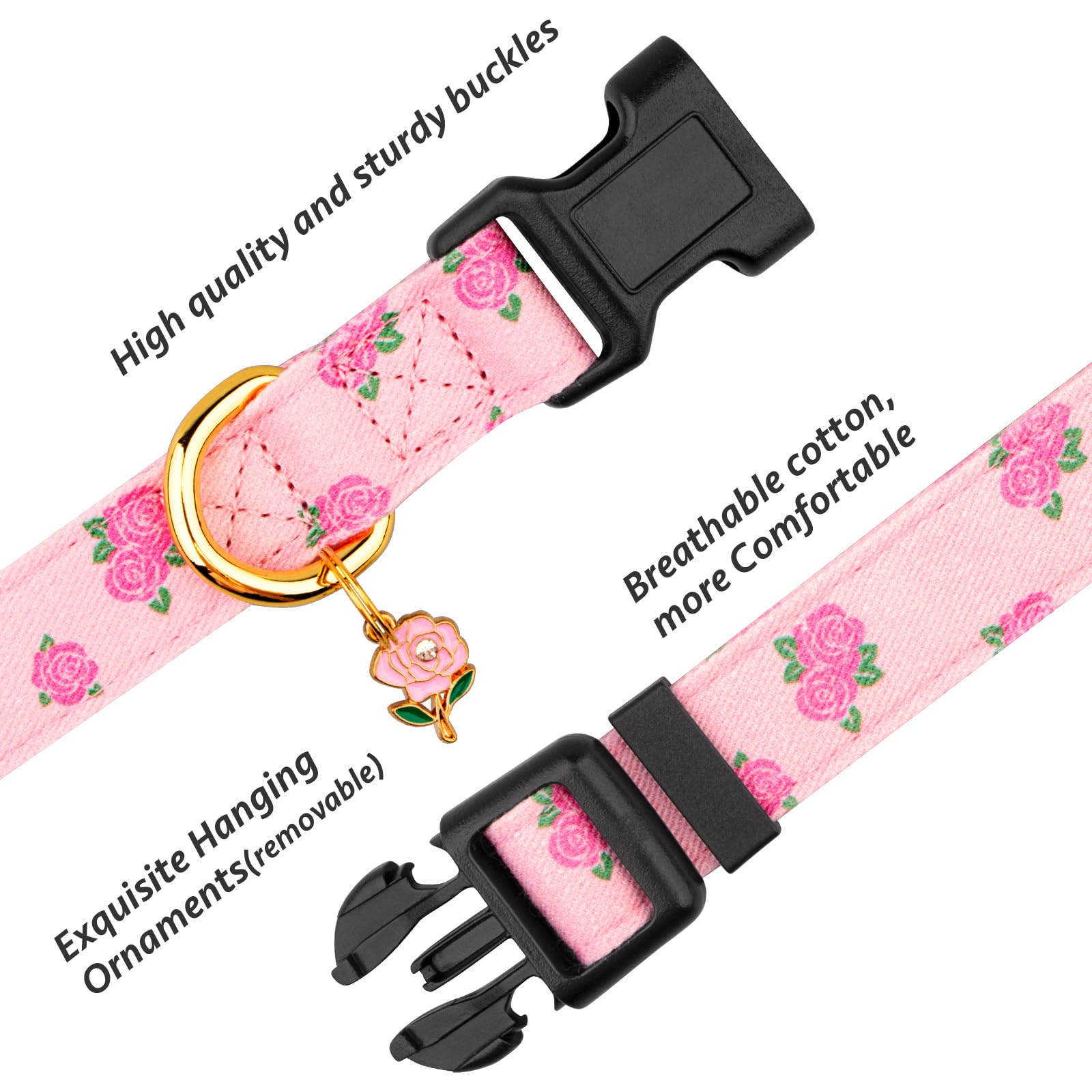 Cotton Handmade Dog Collar Cute And Distinctive Patterns Pink Rose With Pendant For Girl Boy Dogs Collars M