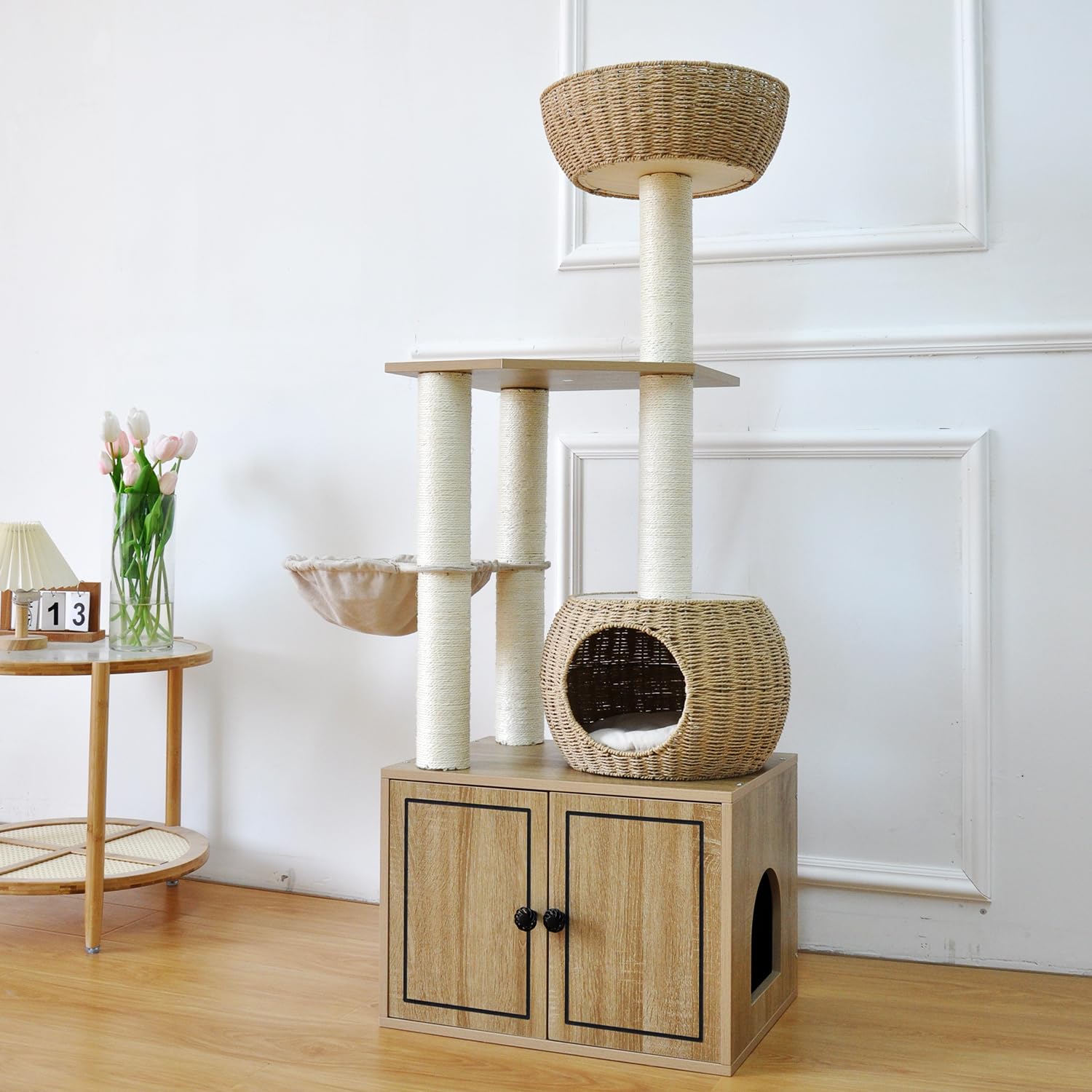 Rattan Cat Tree For Indoor Cats,Tall Cat Tree Tower With Cat Scratching Post,Wood Cat Tower For Indoor Cats,56.7 Inch Tall
