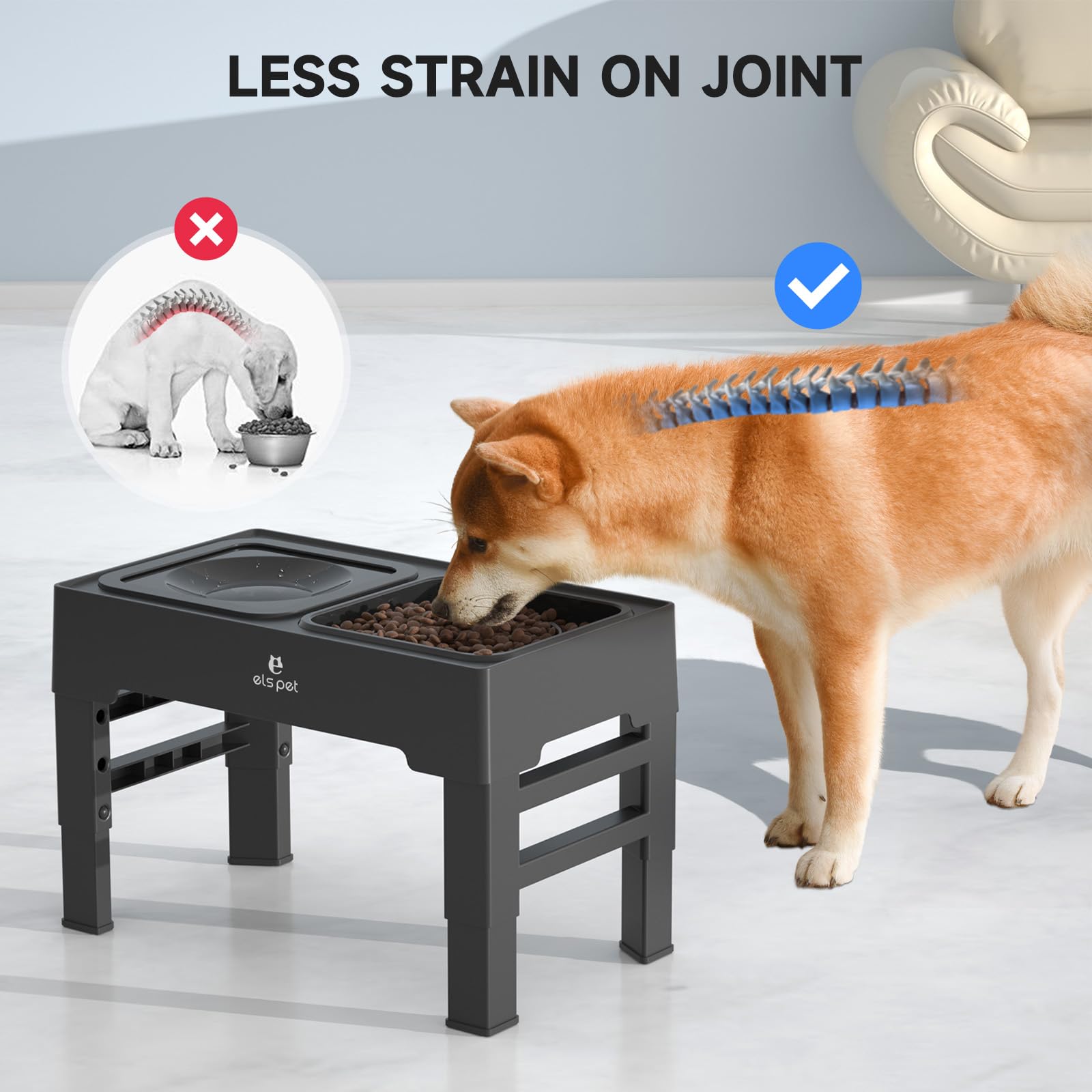 ELS PET Elevated Dog Bowls, Adjustable Raised Dog Bowls with No Spill Dog Water Bowl and Stainless Steel/Slow Feeder Dog Bowl, D