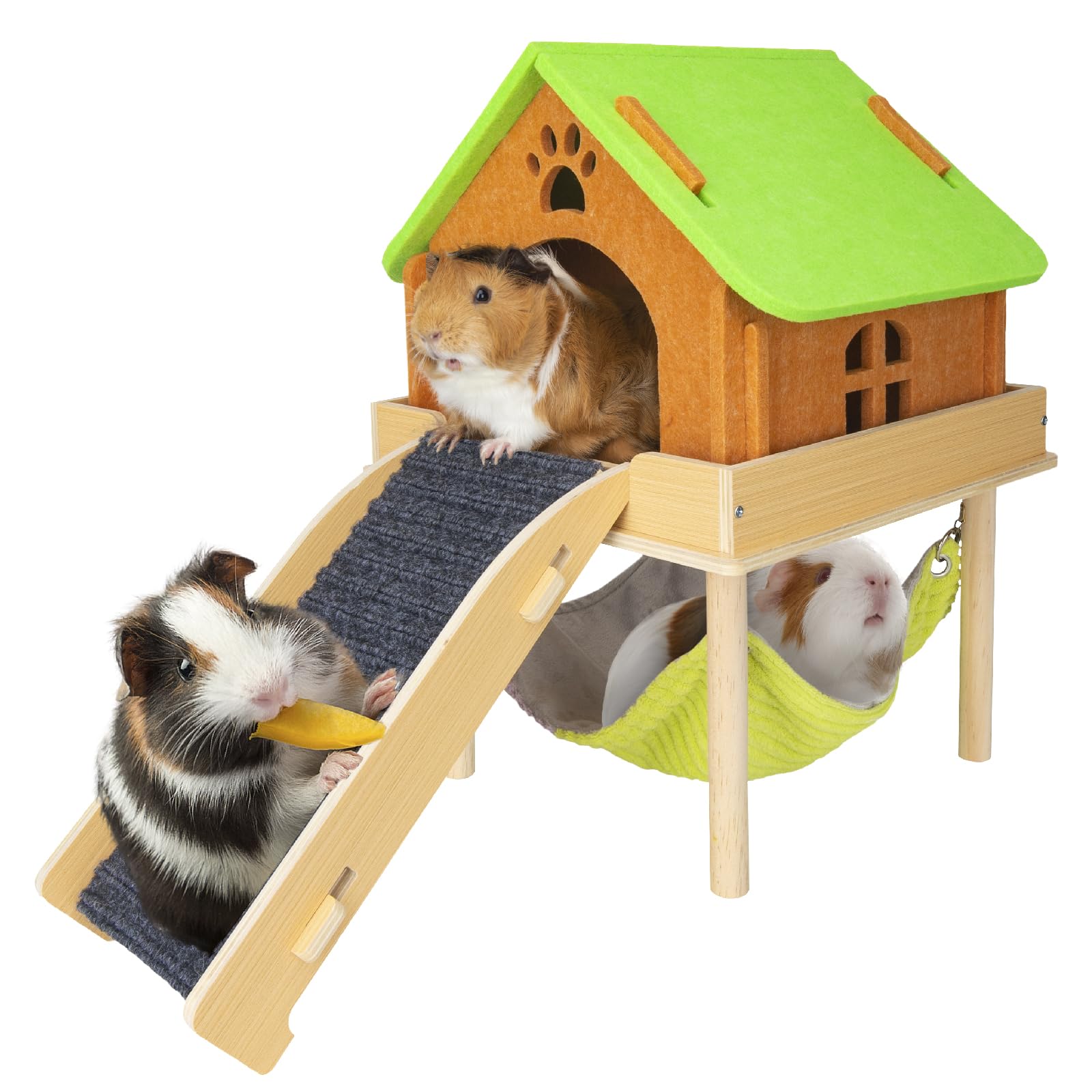 Besnew 3 In 1 Enlarged Guinea Pig Hammock With House & Platform,Wooden Guinea Pig Hideout With Hammock & Stairs Small Animal Toy