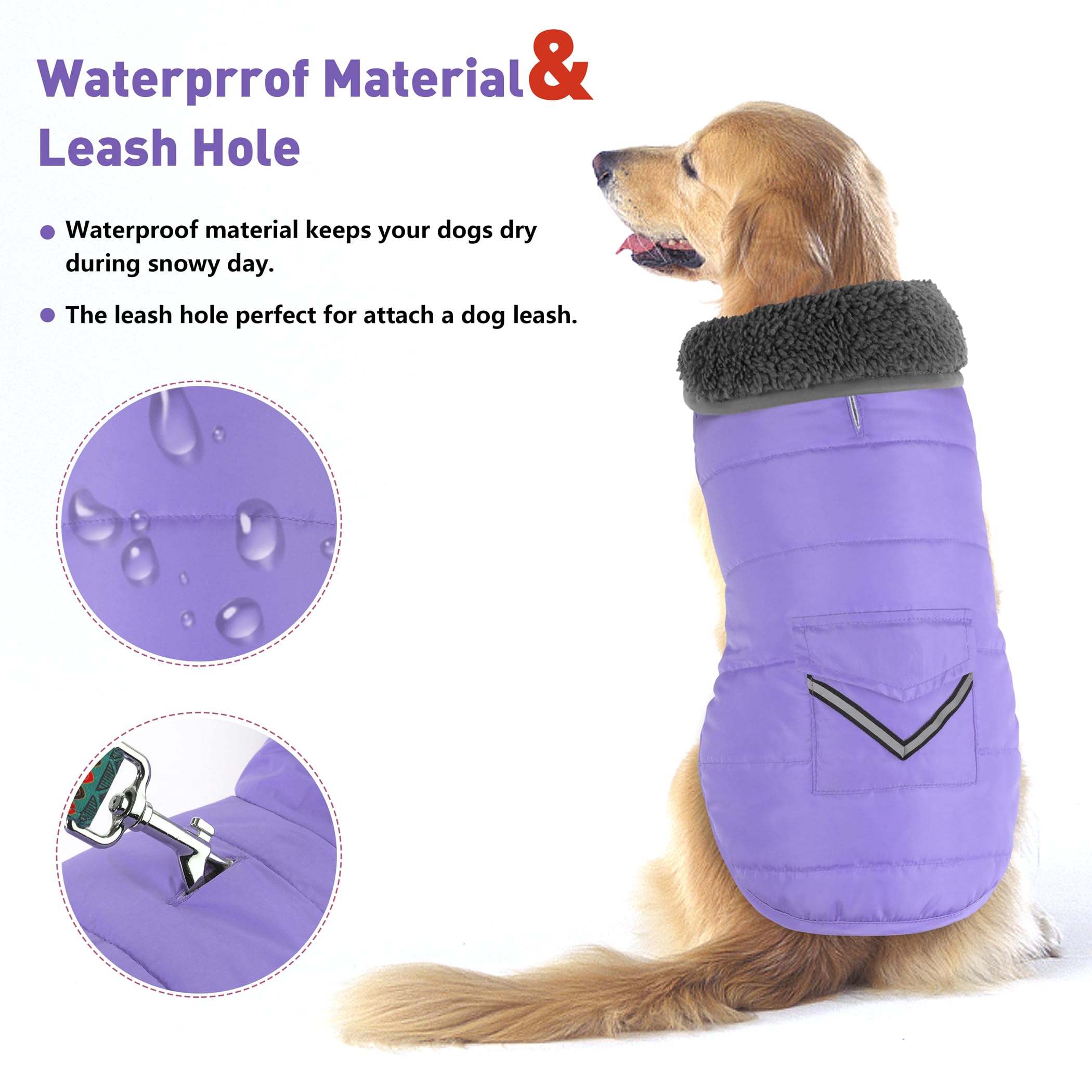 Petglad Waterproof Dog Coat - Reflective Adjustable Jacket, Warm Fleece Vest for XS Dogs, Light Purple