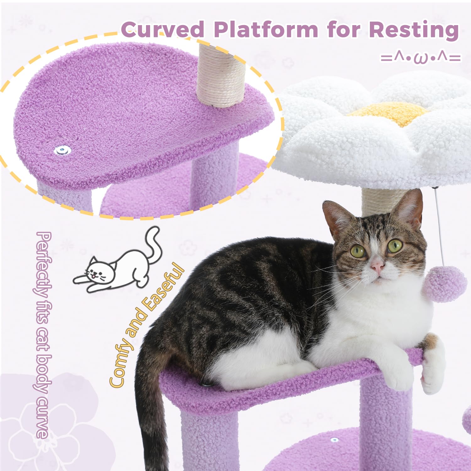 PAWZ Road Cat Tree,32 Inches Purple Flower Cat Tower with Sisal Covered Scratching Post, Cozy Condo, Plush Perches and Fluffy Ba