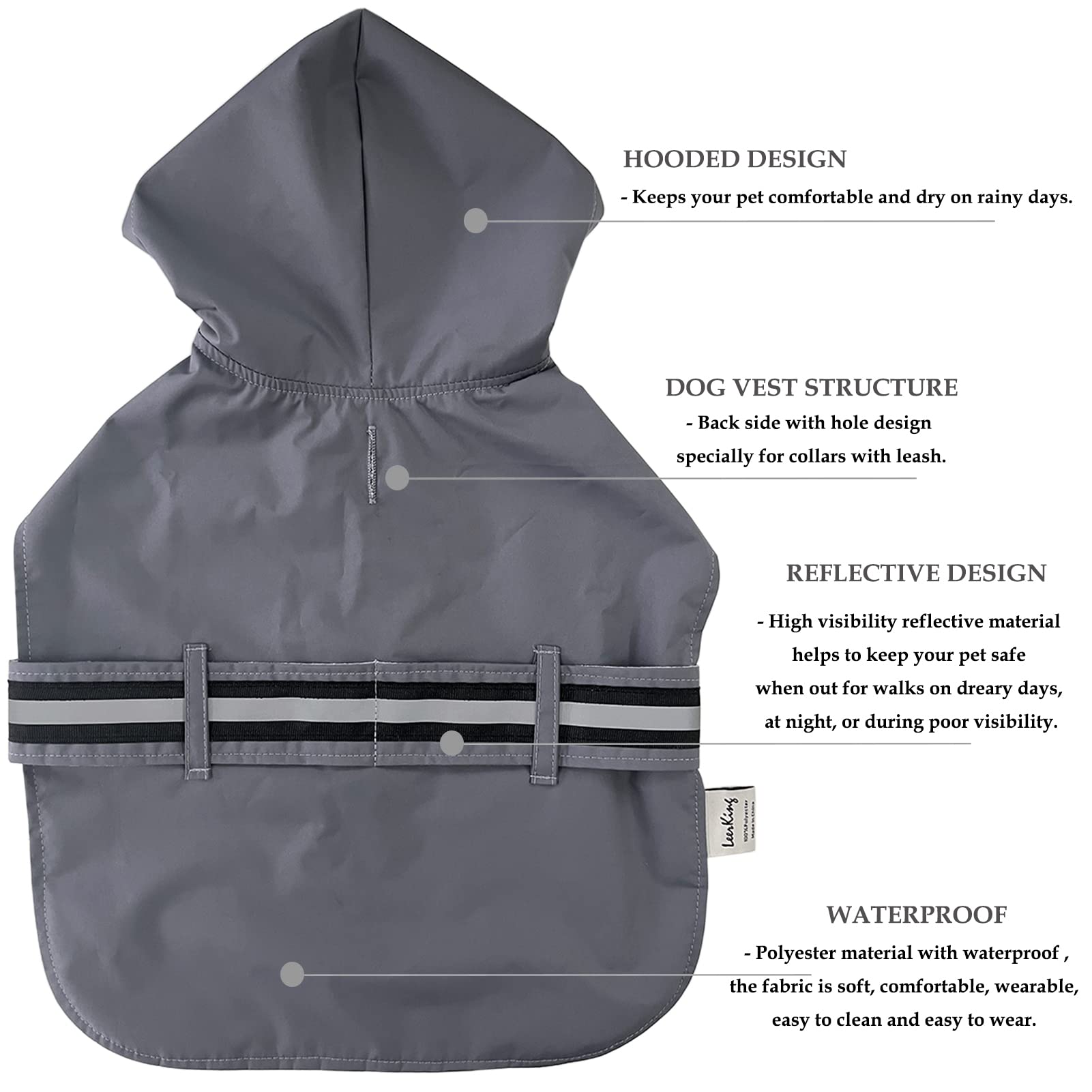Leerking Dog Raincoat Hooded Leash Hole 10 Sizes, Waterproof Double Layer Dog Rain Coat Jacket With Cotton Lining For Small Medium And Large Dog,Grey,3Xl