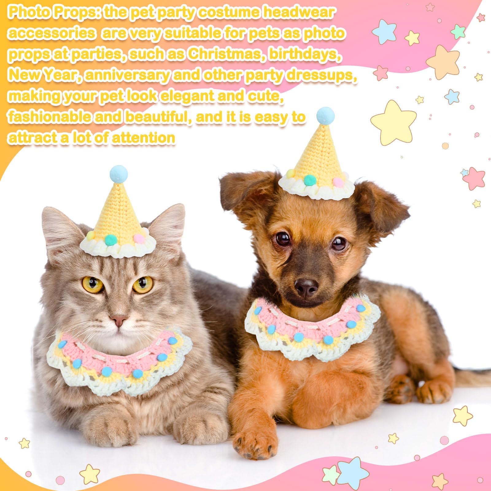 Sanwuta 2 Pcs Cat Birthday Party Supplies, Knit Cat Hat Kitten Birthday Bib Knit Bandana Pet Party Costume Headwear Accessories