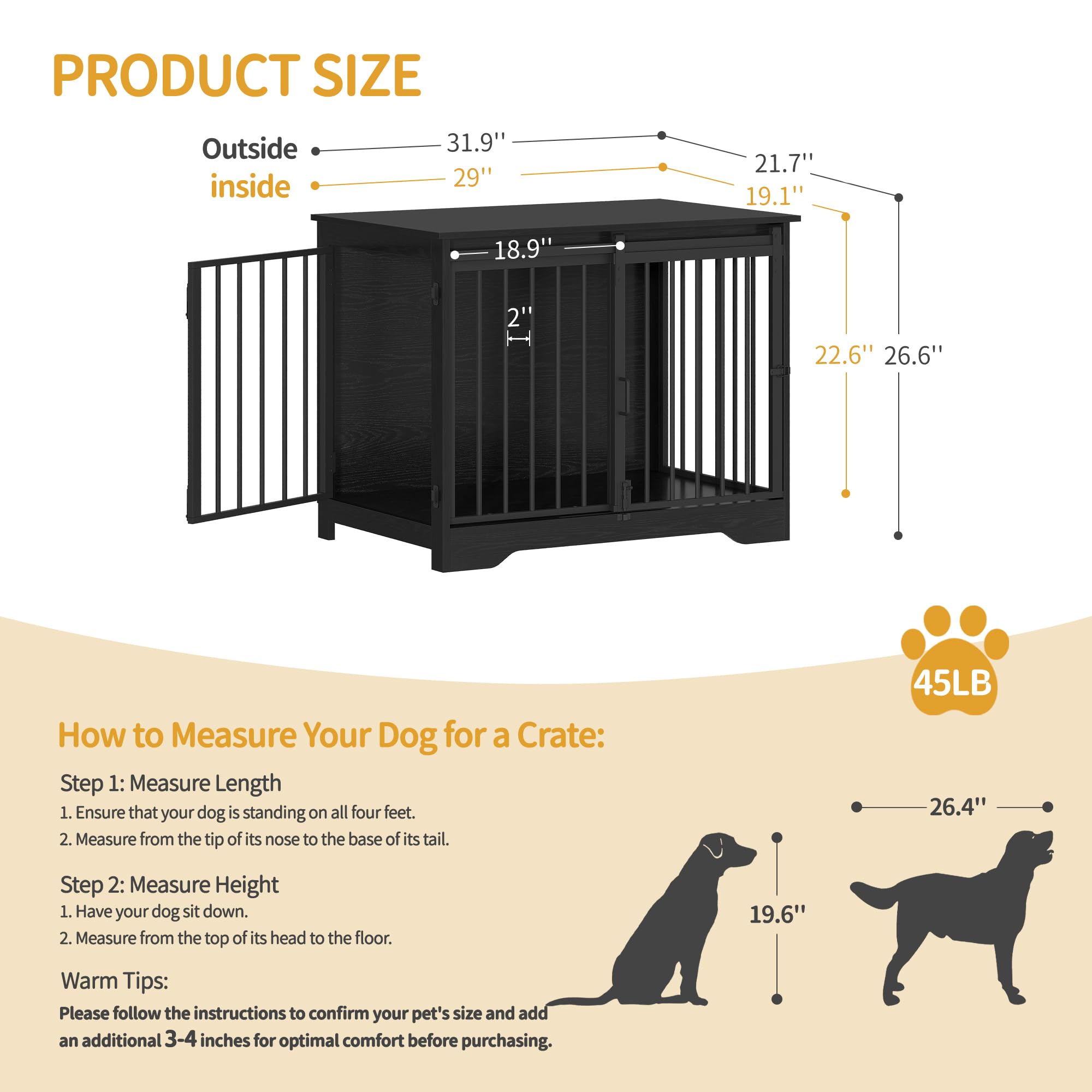 Hzuaneri 31.9 Dog Crate Furniture with Barn Door, Heavy Duty Dog Kennel Indoor with 2 Doors, Wooden Pet Cage End Table for Small