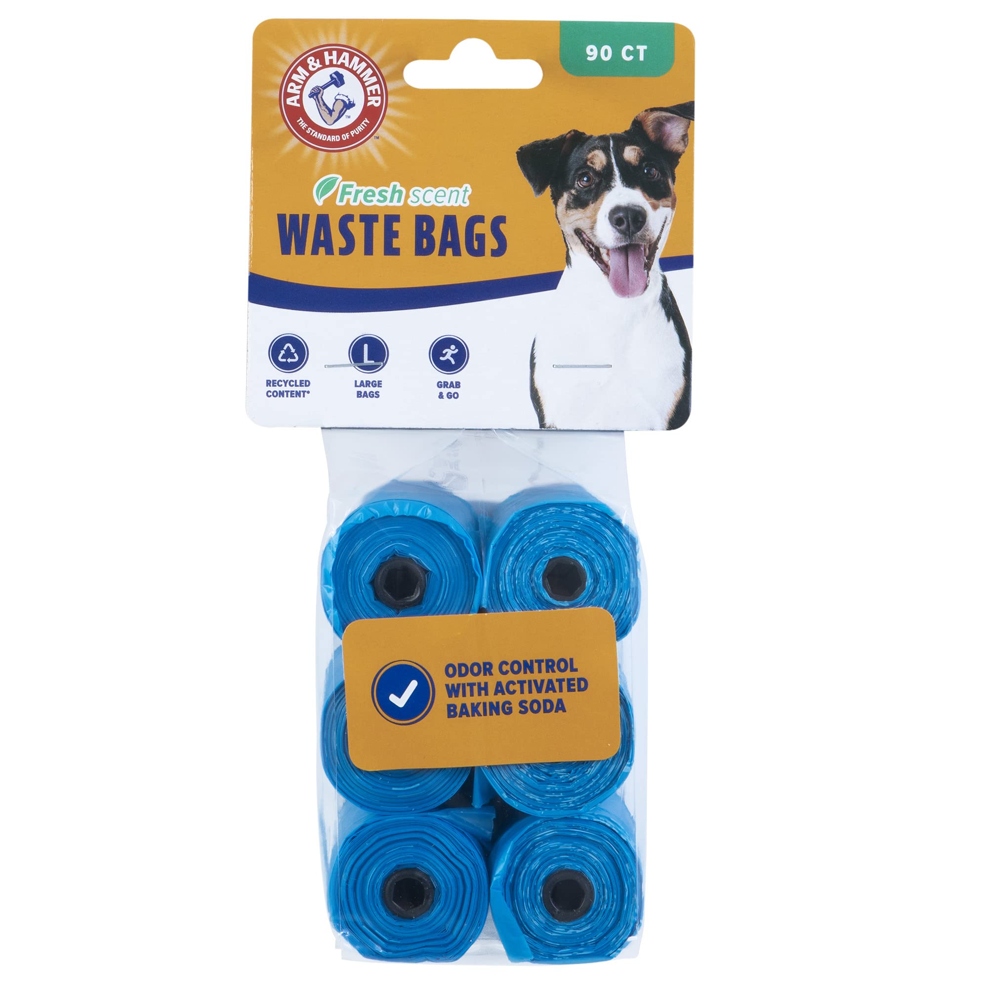 Arm & Hammer Easy-Tear Disposable Dog Poop Bag Refills, Fresh Scent Odor Control, Blue, 90 Dog Poop Bags 7 X 2.5 Inches