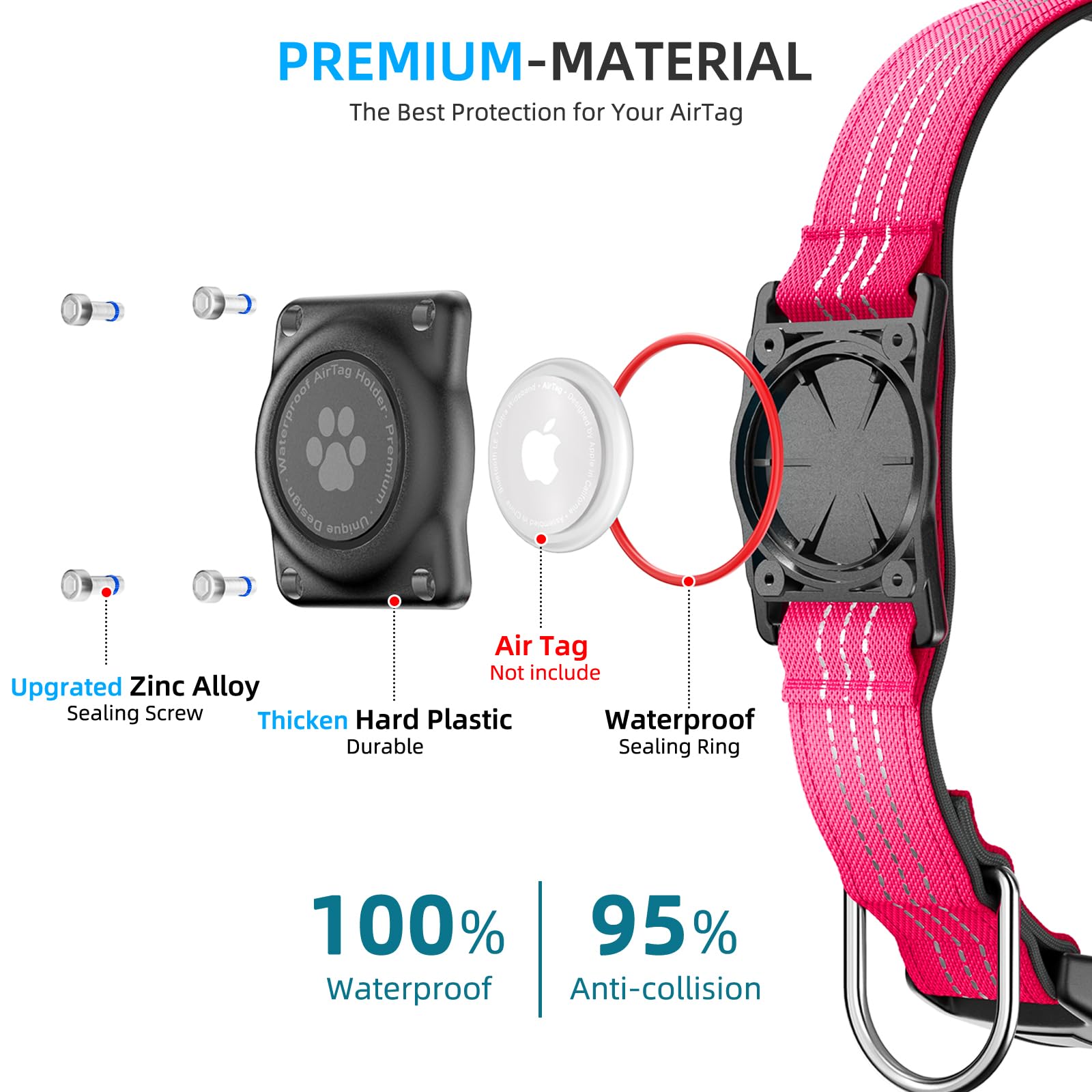Upgraded Airtag Dog Collar, Ip68 Waterproof Air Tag Dog Collar Holder, Reflective, Ultra-Durable, Comfortable Padded, Heavy Duty Dog Collars For Small Medium Large Dogs (M (12.6'-17.1'), Hotpink)