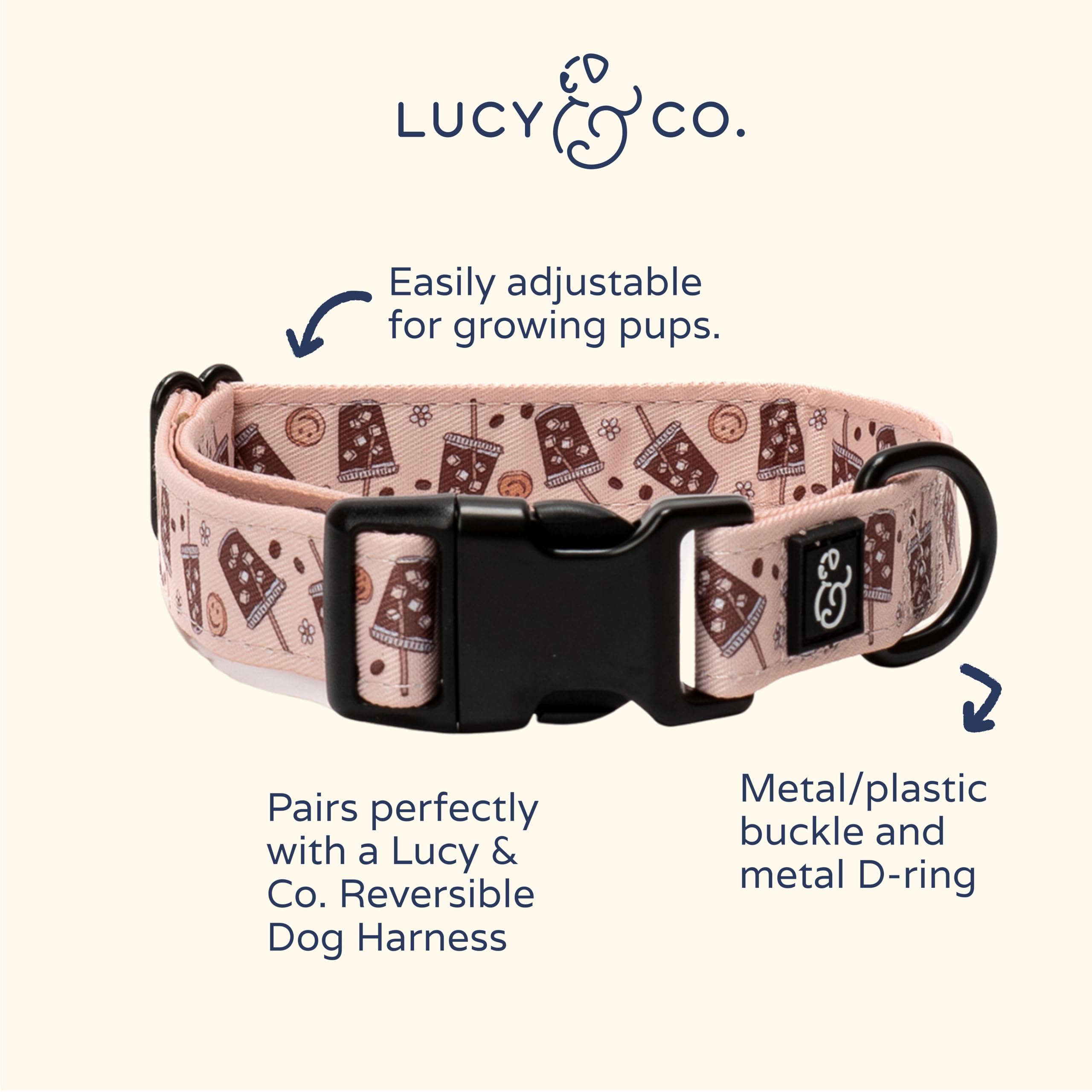 Lucy & Co. Dog Collar - Durable Lightweight Designer Collar For Pets - Adjustable Metal Safety Buckel. (Iced Coffee Szn Collar).