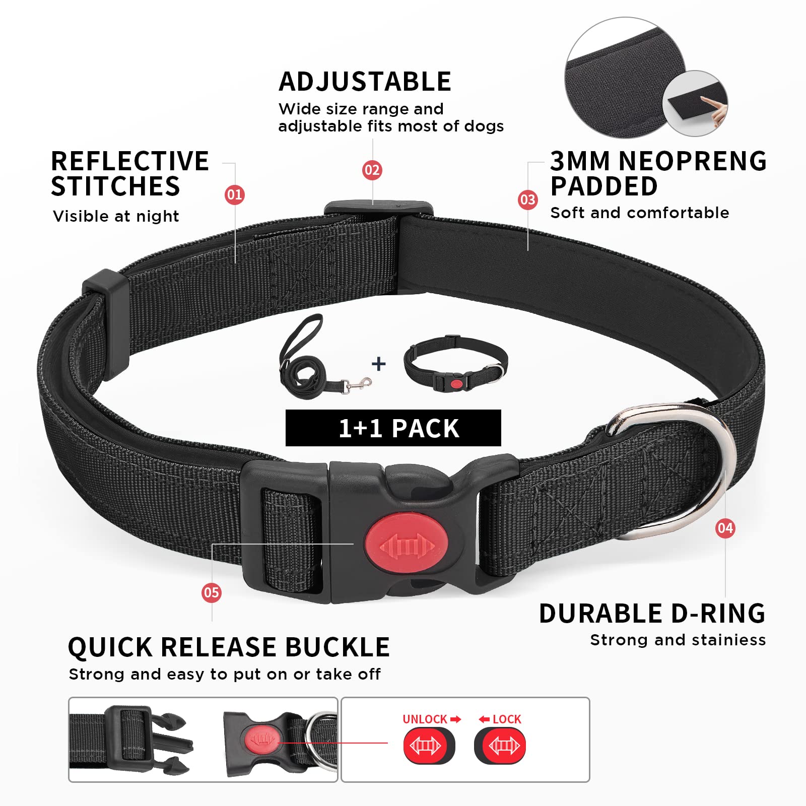 Tpotato Reflective Dog Collar And Leash Set,Adjustable Neoprene Padded Nylon Collars, 6 Ft Heavy Duty Dog Leash 2 Comfortable Ha