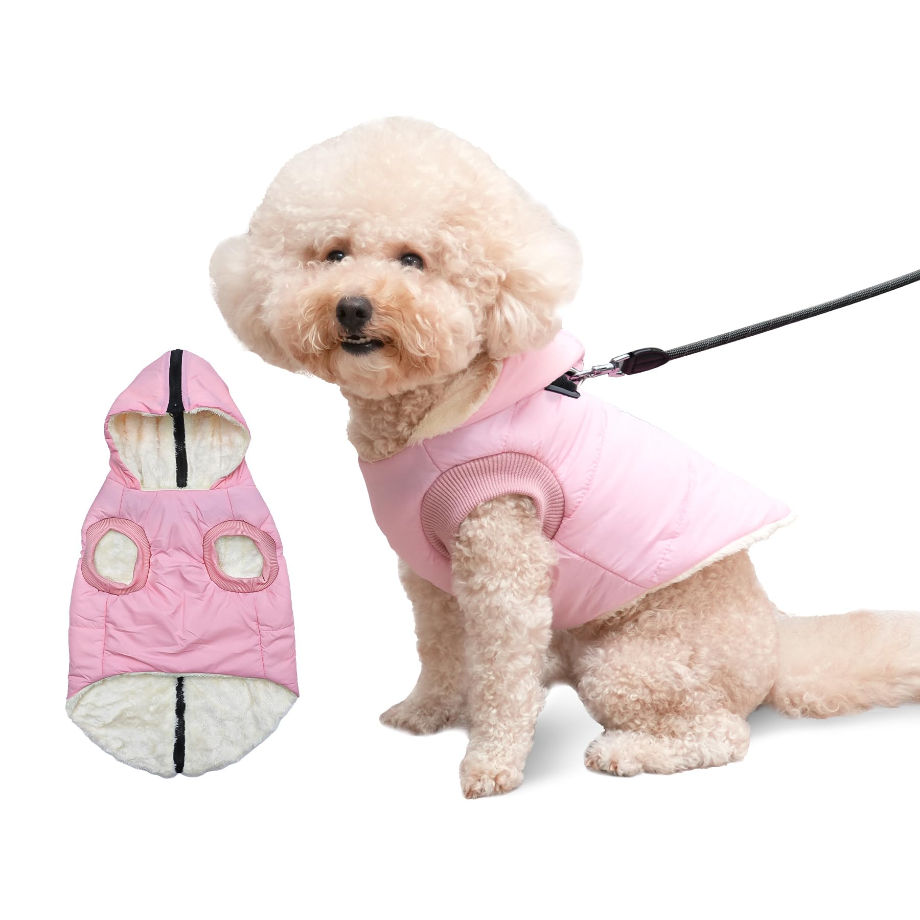 Vecomfy Fleece Lining Dog Hoodie With Harness Built In,Extra Warm Small Dog Jacket In Winter Puppy Coats With Hooded,Light Pink S