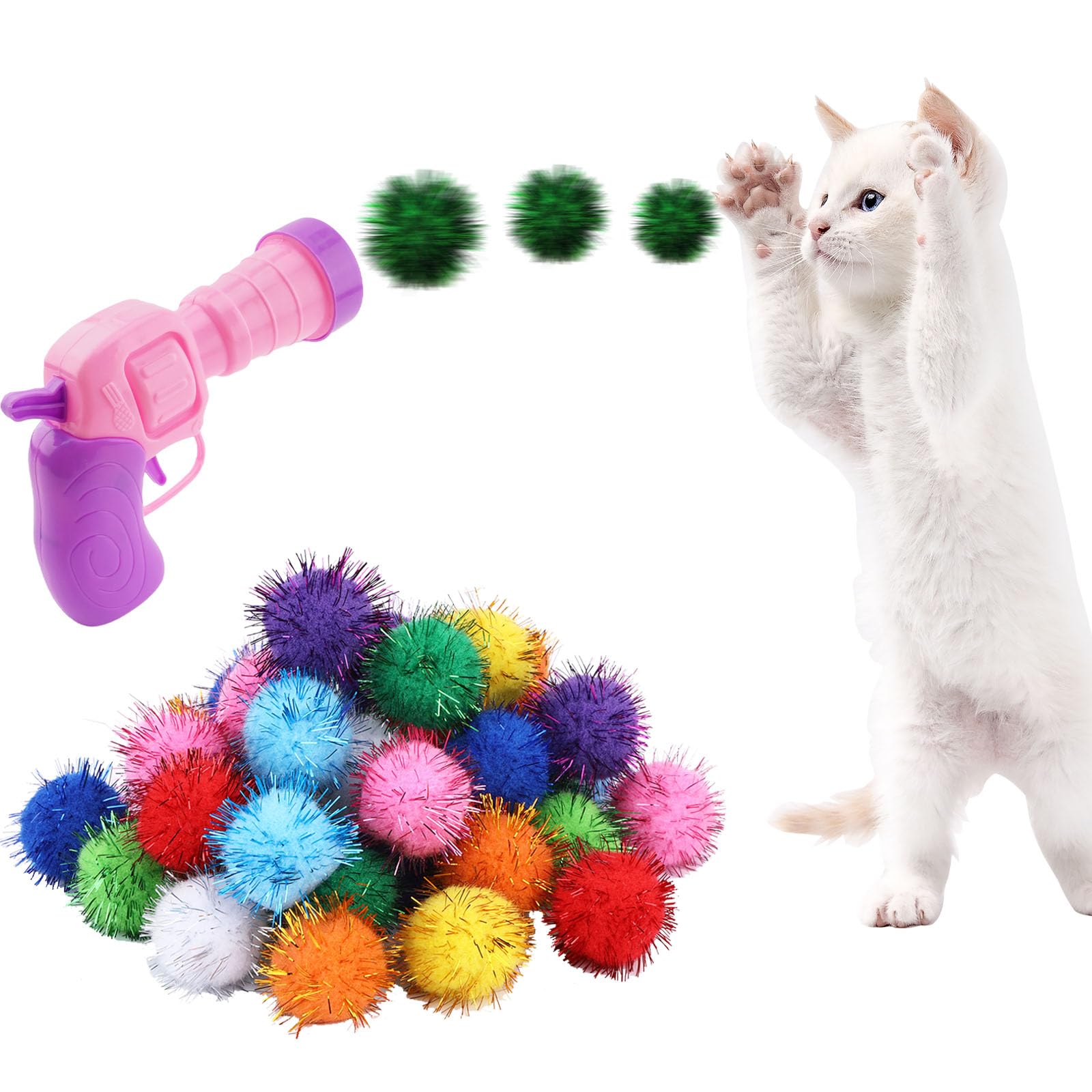 Dorhui Cat Toy Set - 30 Pcs Sparkle Pom Pom Balls With Launchers, Interactive Glitter Enrichment Toys For Indoor Cats And Kitty
