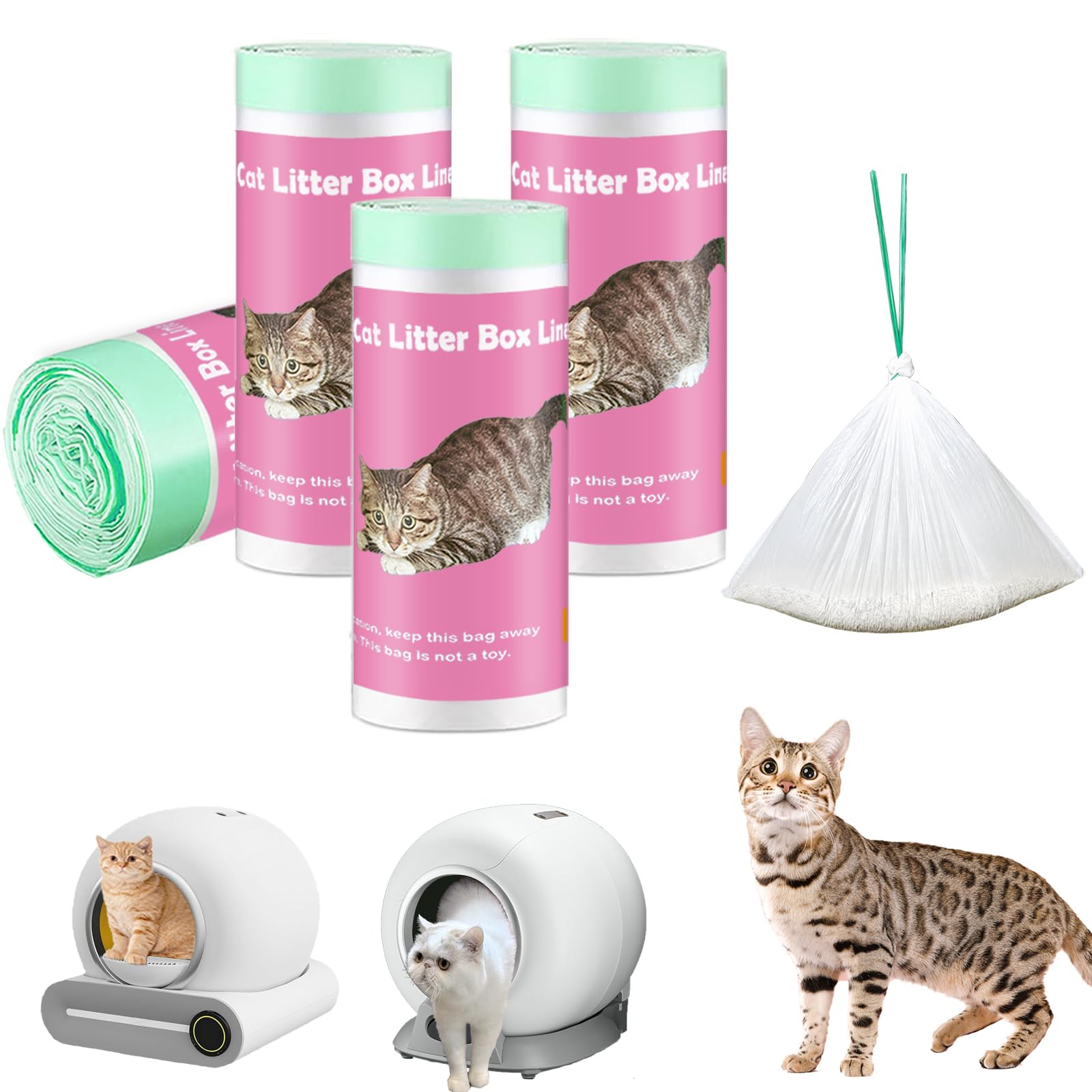 100 Pack Cat Litter Box Liner Bags Compatible With Self-Cleaning Cat Litter Box, Thick Heavy Duty Drawstring Automatic Kitty Lit