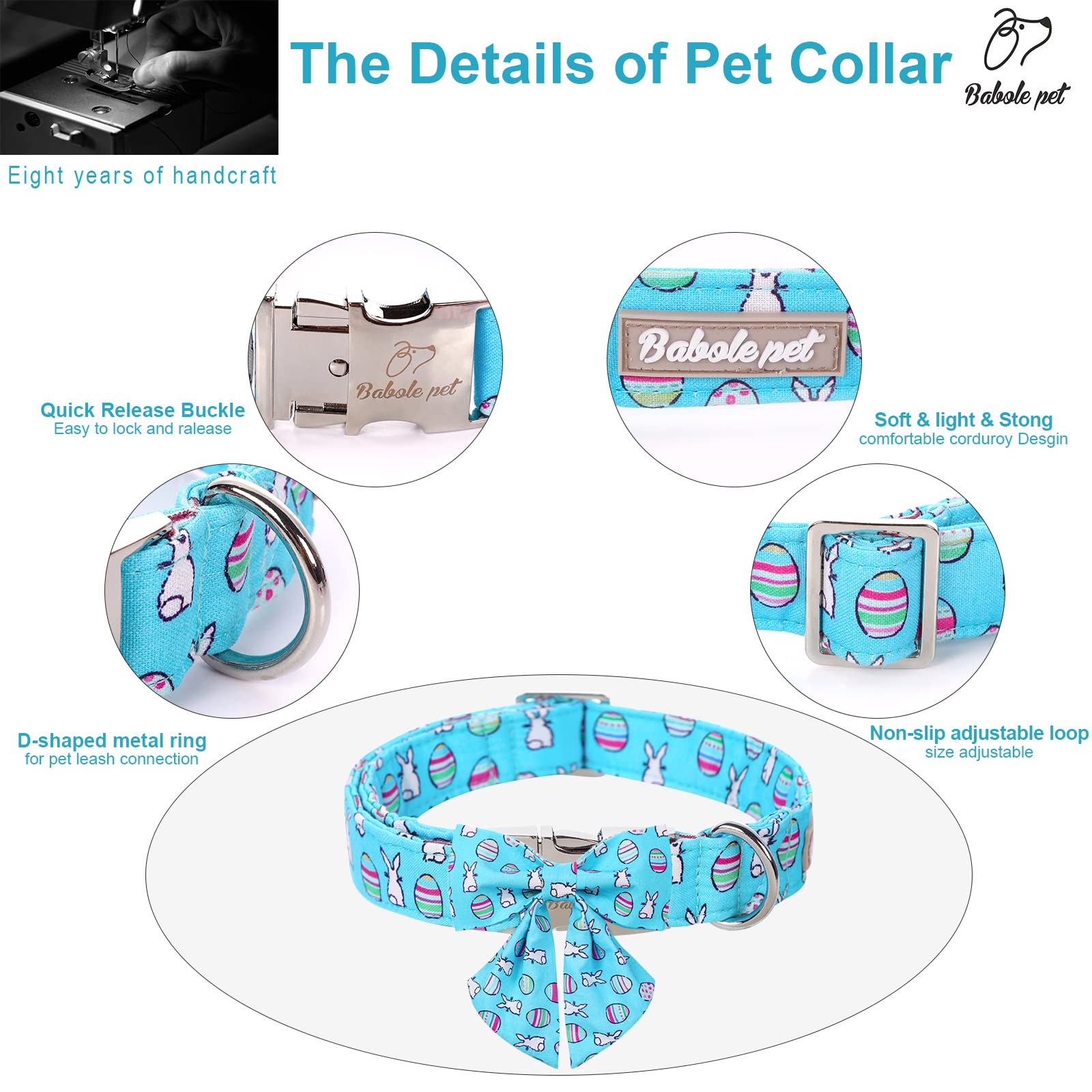 Babole Pet Dog Collar Easter Gift With Tie, Rabbit Egg Male Dog Collar With Safety Metal Buckle Adjustable Puppy Collars For Small Medium Large Boy & Girl Dog,M-Neck 13.5'-22'