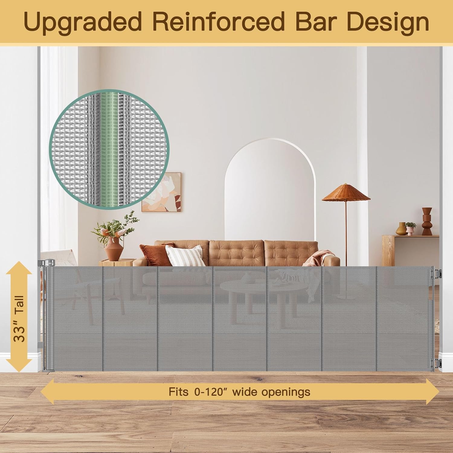 Reinforced 120 Inch Extra Wide Retractable Baby Gate with Support Rods, 33    Tall Retractable Pet Gate for Dogs, Indoor/Outdoor