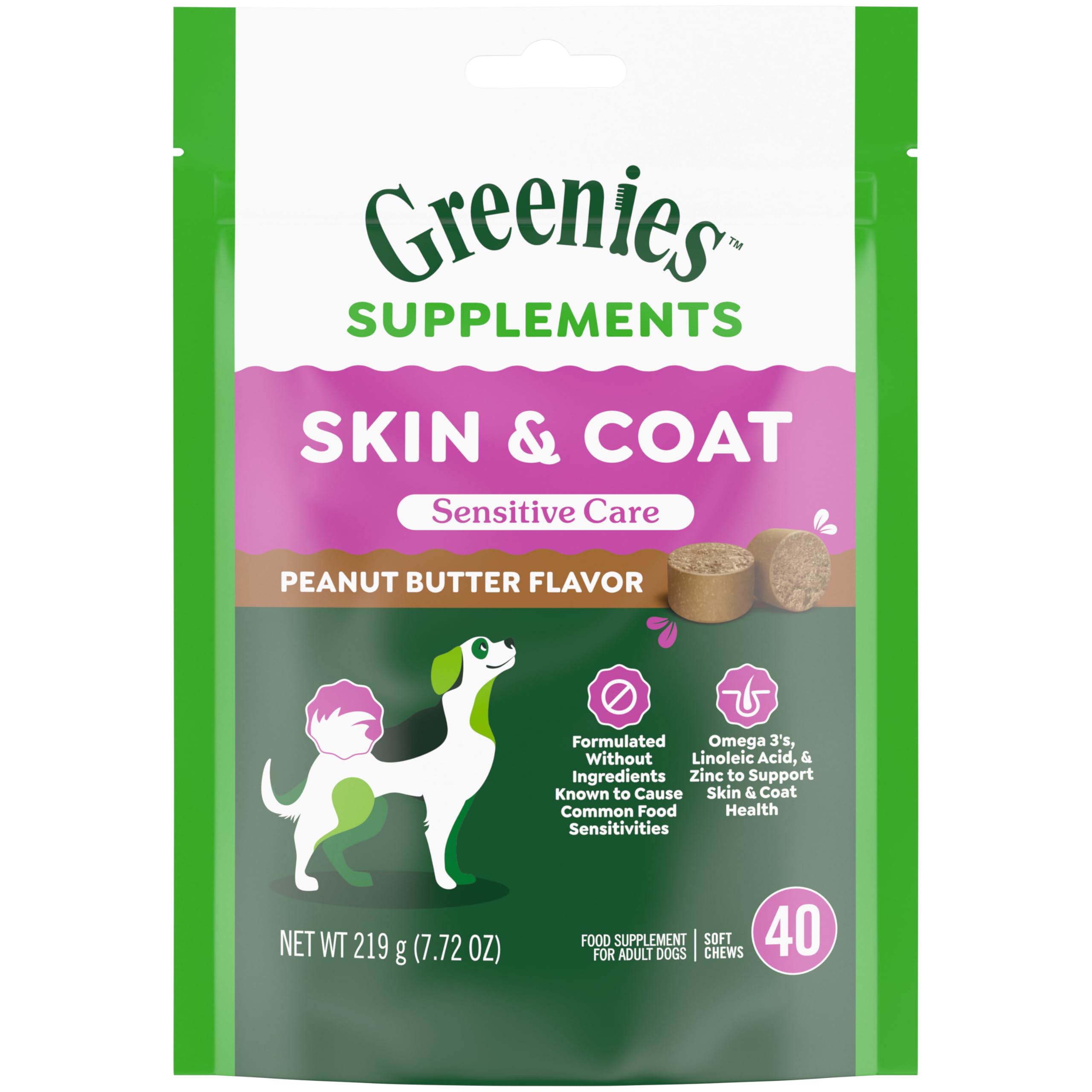 Greenies Sensitive Care Skin and Coat Supplement for Dogs with Fish Oil for Dogs Chicken-Free Formula Dog Supplement, Peanut But