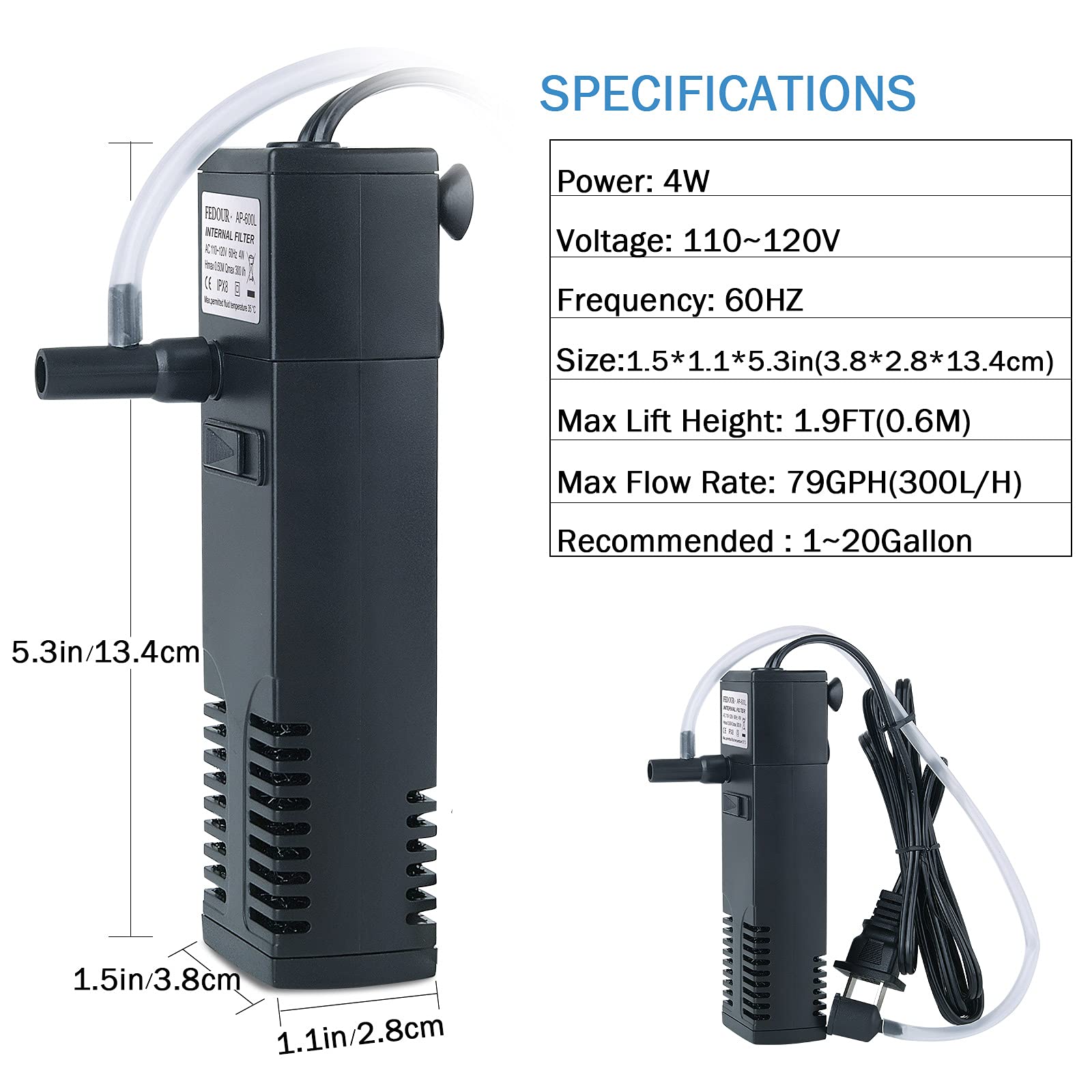 Fedour Submersible Aquarium Internal Filter, Filter With Water Pump For Fish Tank Up To 35 Gallon (For 1-20 Gallon)
