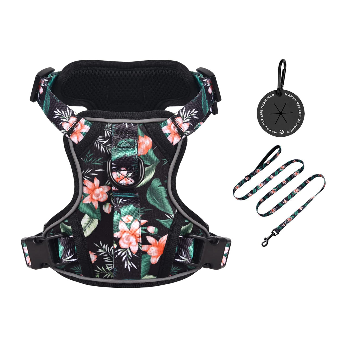 Petmolico Dog Harness For Xs Dogs No Pull, Cute Dog Harness With Two Leash Clips And Soft Handle, Reflective Easy Walk Dog Harness With Leash, Black Lotus Xs