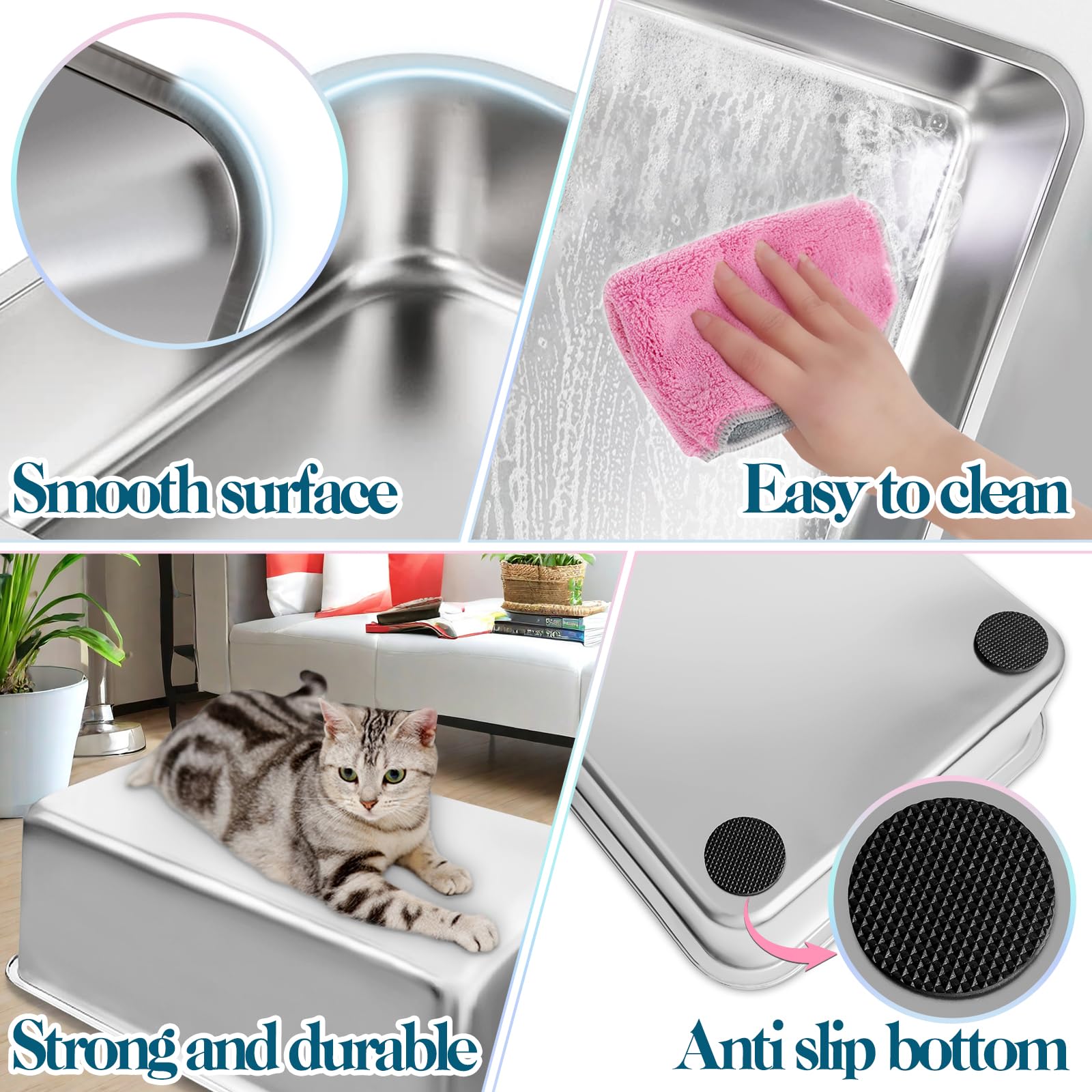 Yoiles Stainless Steel Cat Litter Box With High Sides, Extra Large Open Metal Litter Pan, Easy To Clean, Rust Proof, Non Stick,