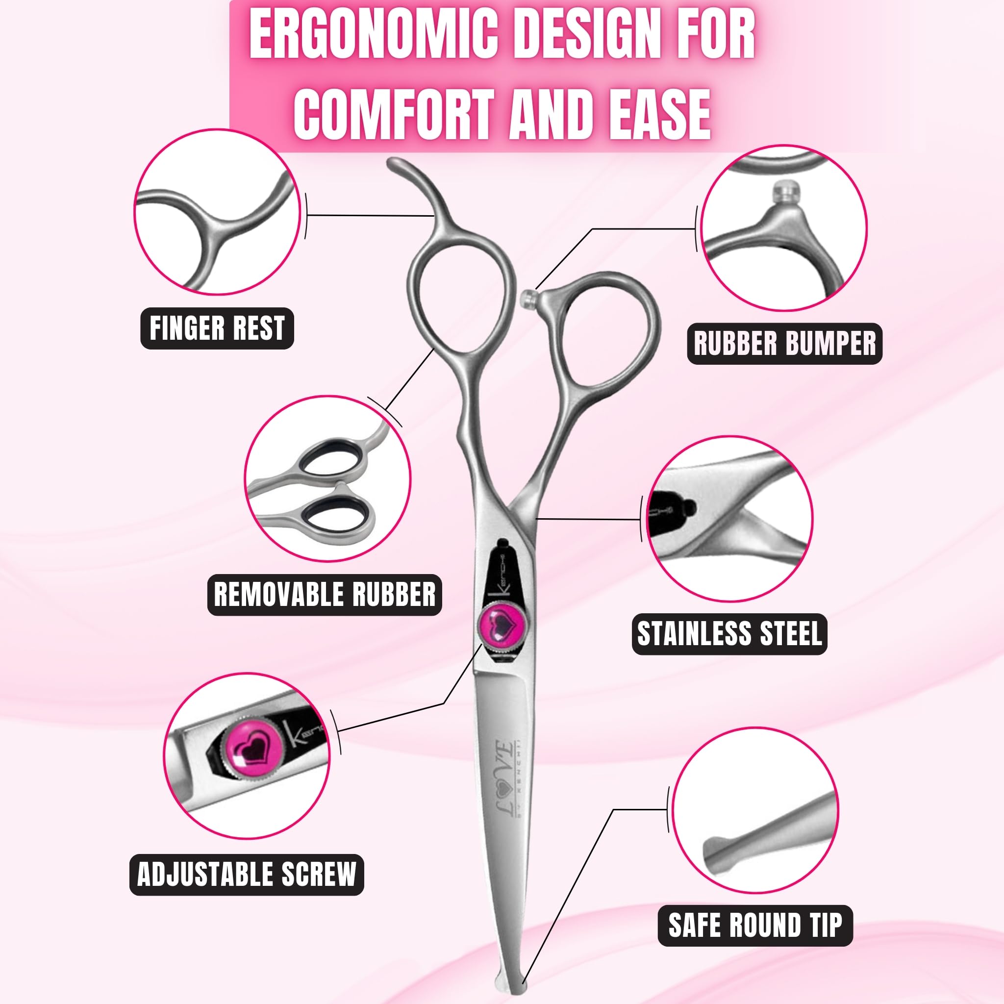 Kenchii Love Dog Grooming Scissors, 6.5 Inch Curved Balltip Shears, Dog Scissors For Grooming, Professional Pet Grooming Scissors, Safety Round Tip Shears