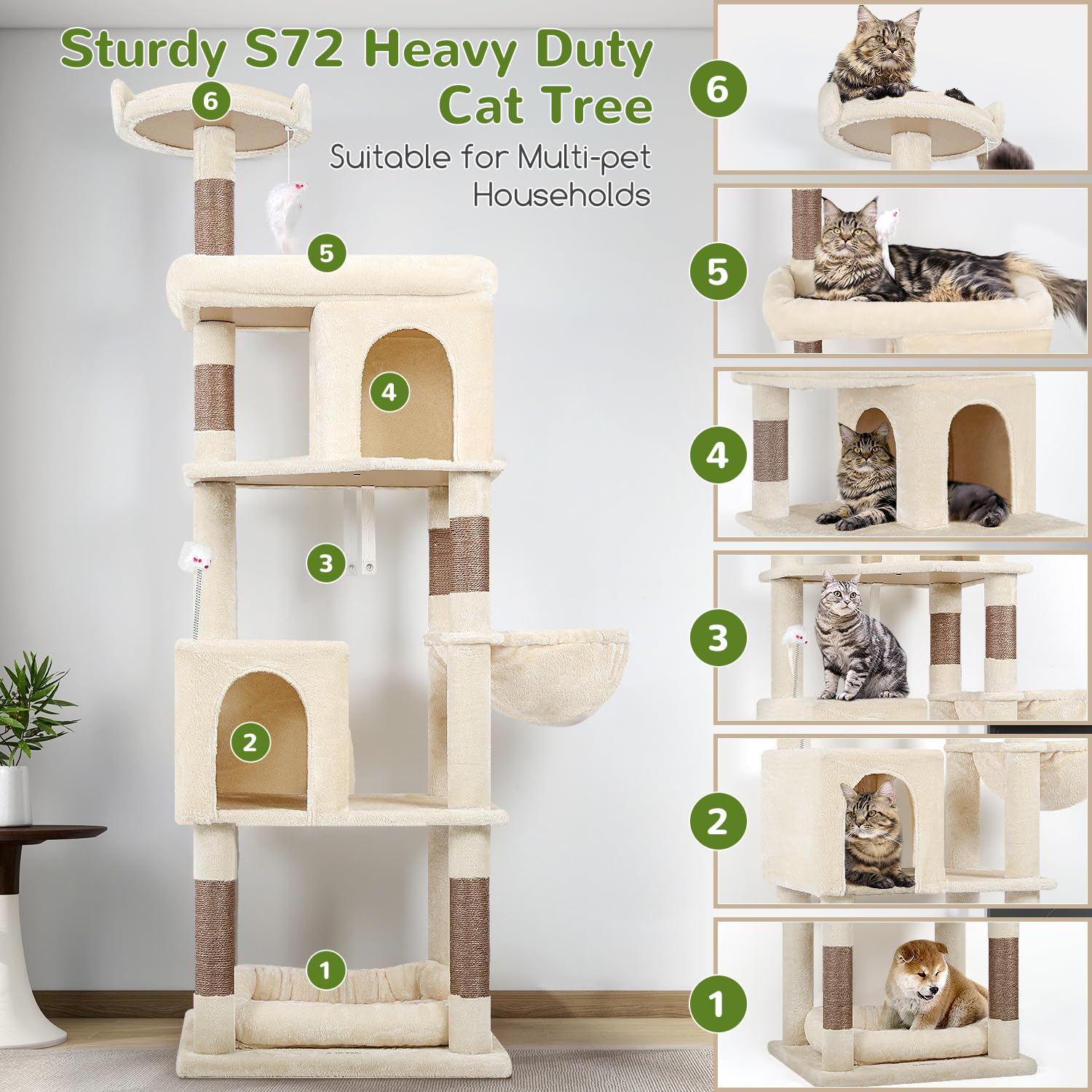 Globlazer S72 Heavy Duty Cat Trees For Large Cats, Sturdy 72In Maine Coon Cat Tree For Large Cat 20 Lbs+ Heavy Duty Cat Tower Fo