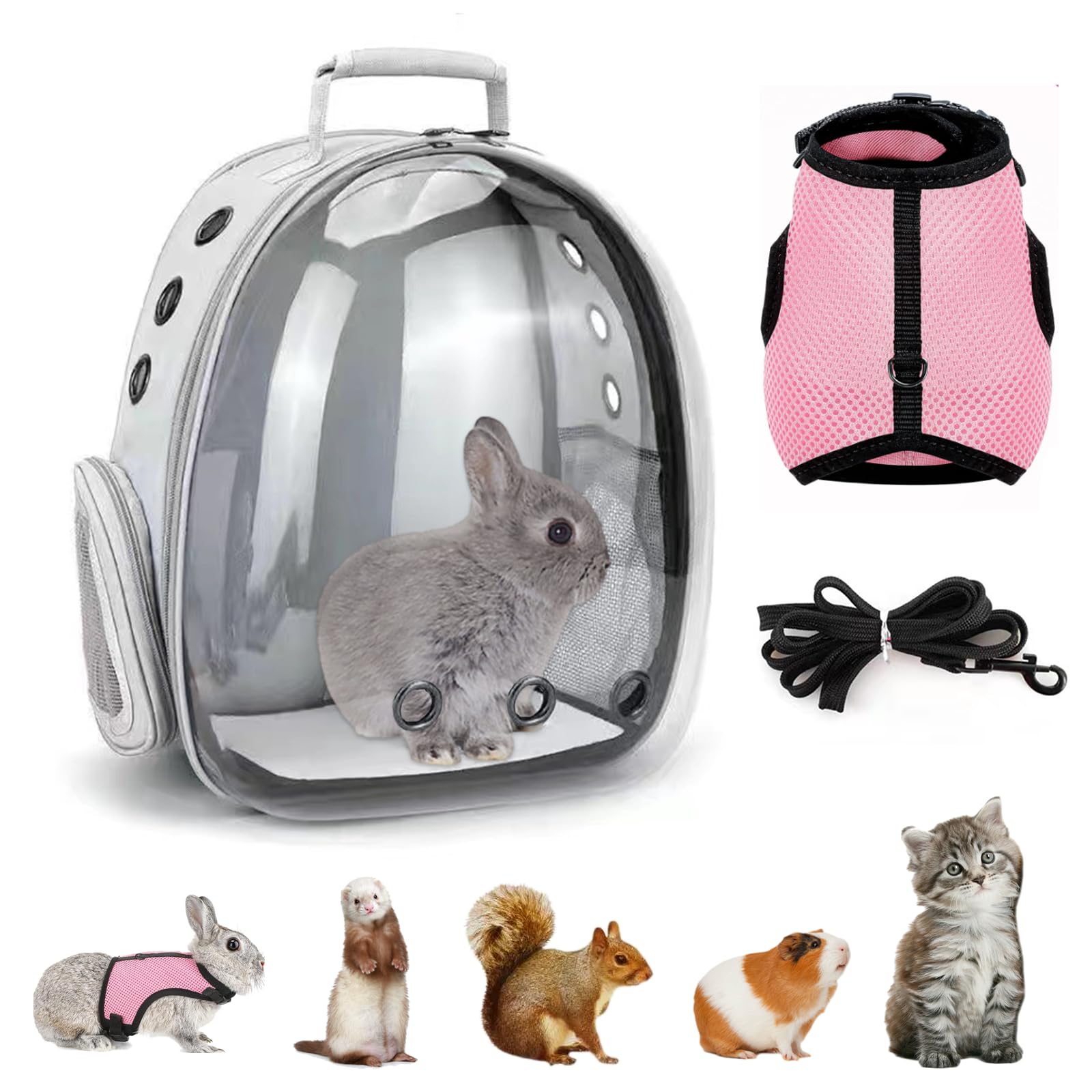 CUTENNIOU Small Pet Carrier Backpack Rabbit Carrier with Harness Vest Stretchy Elastic Leash Large Breathable Pet Carrier Airlin