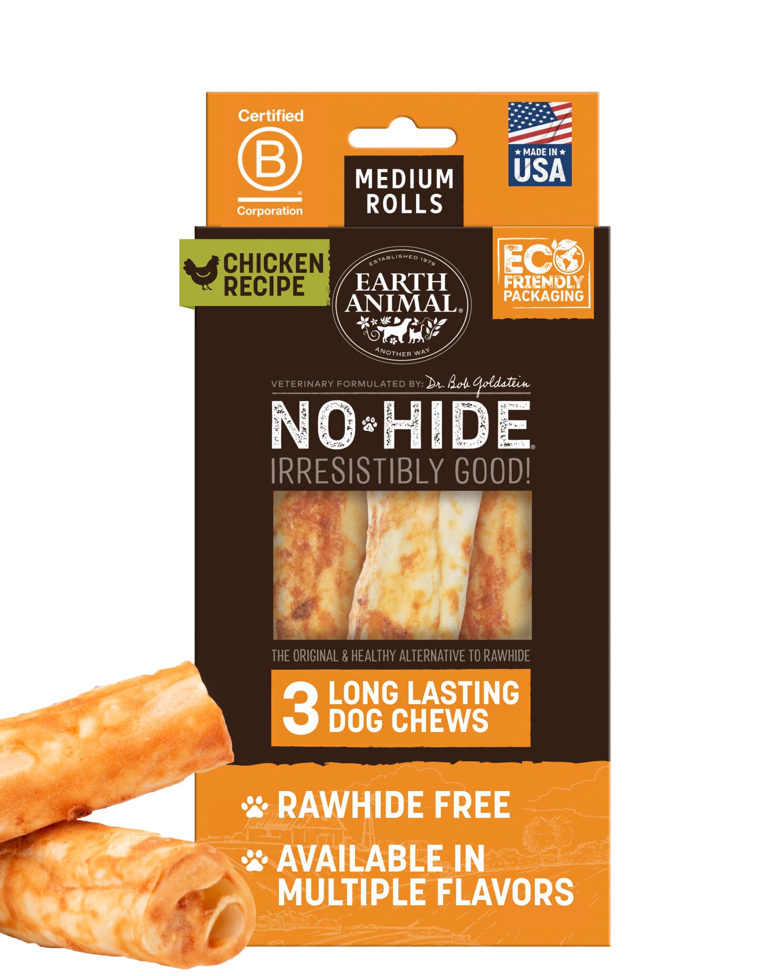 Earth Animal No Hide Chews - Long Lasting Rawhide Free Medium Dog Chews Rolls, Chicken - 3 Count Value Pack