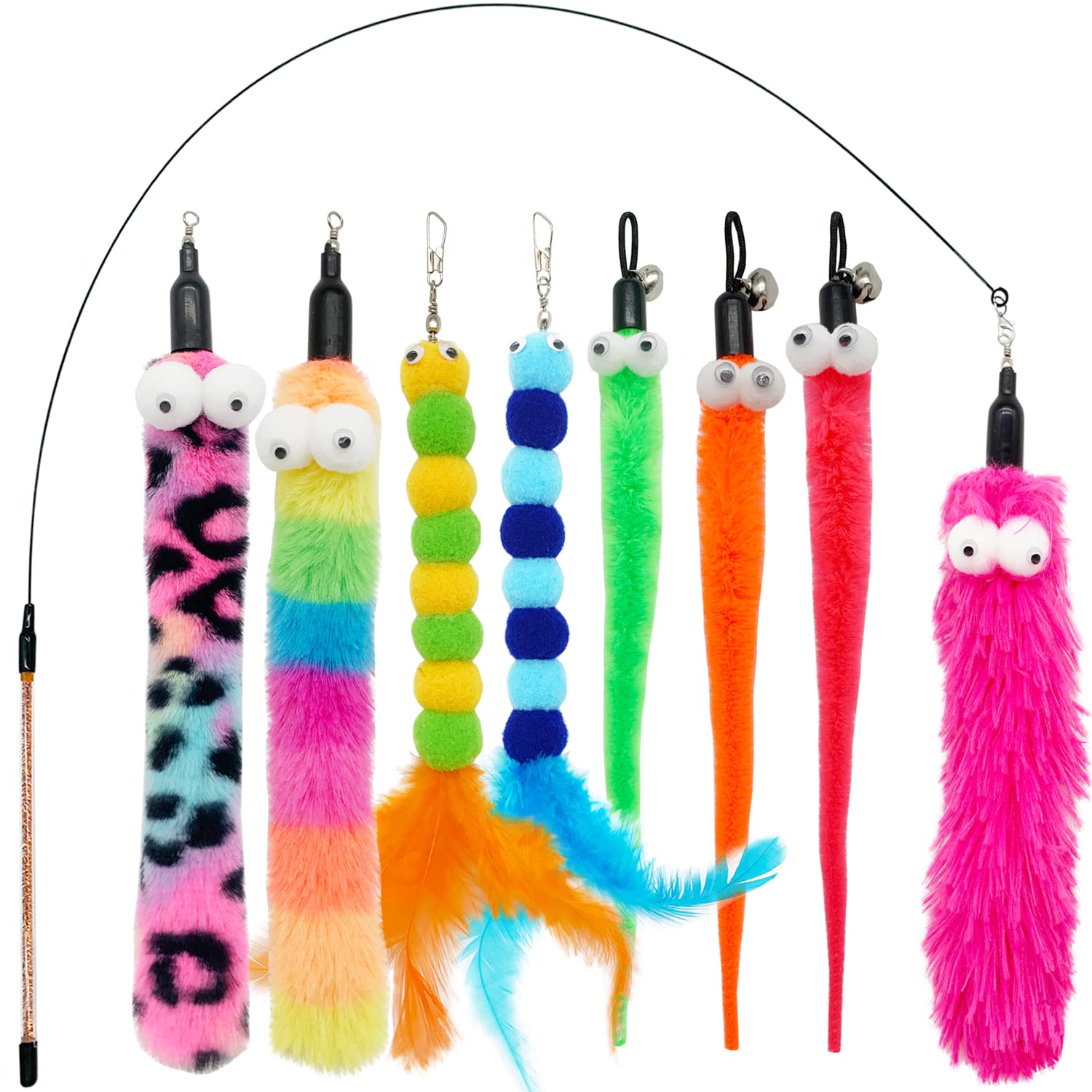 Cateness Cat Wand Feather Toys, 1 Pcs Elasticity Cat Toy Wand And 8 Pcs Worms Refills, Interactive Teaser Wand Toy For Indoor Ca