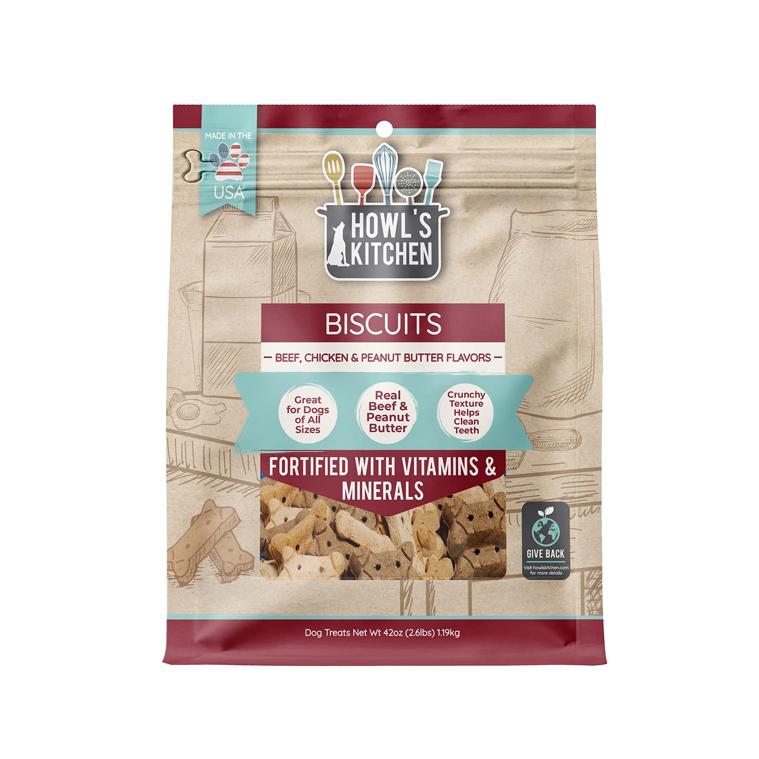 Howls Kitchen Biscuits, 12 oz Bag, 1 Count, Beef, Chicken and Peanut Butter Mix, Rawhide Free, All Natural Chewy Dog Treats, fo
