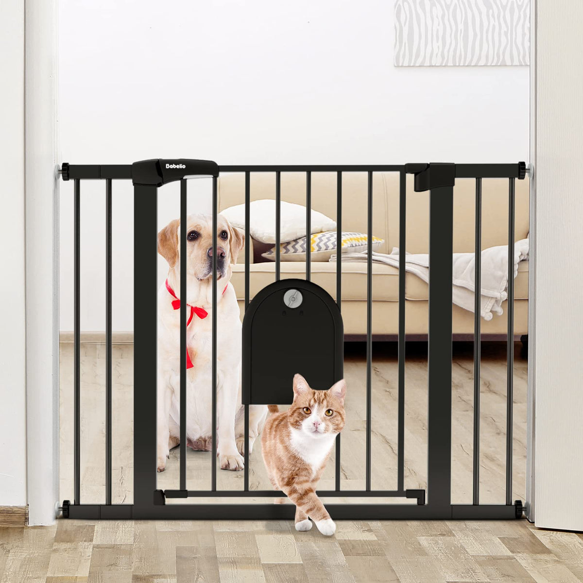 Babelio Auto Close Baby Gate With Small Cat Door, 29-43'' Metal Cat Gate For Doorway, Stairs, House, Easy Walk Thru Dog Gate Wit