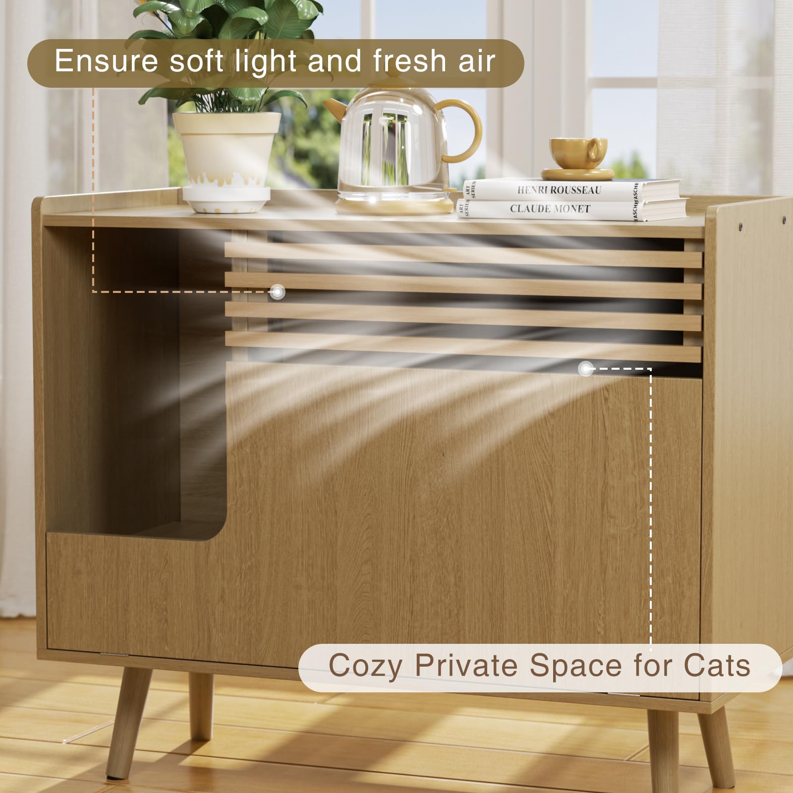 Halitaa Cat Litter Box Enclosure,Mid-Century Modern Hidden Litter Box Furniture With Cat Scratch Pad,Flip-Down Opening Litter Bo