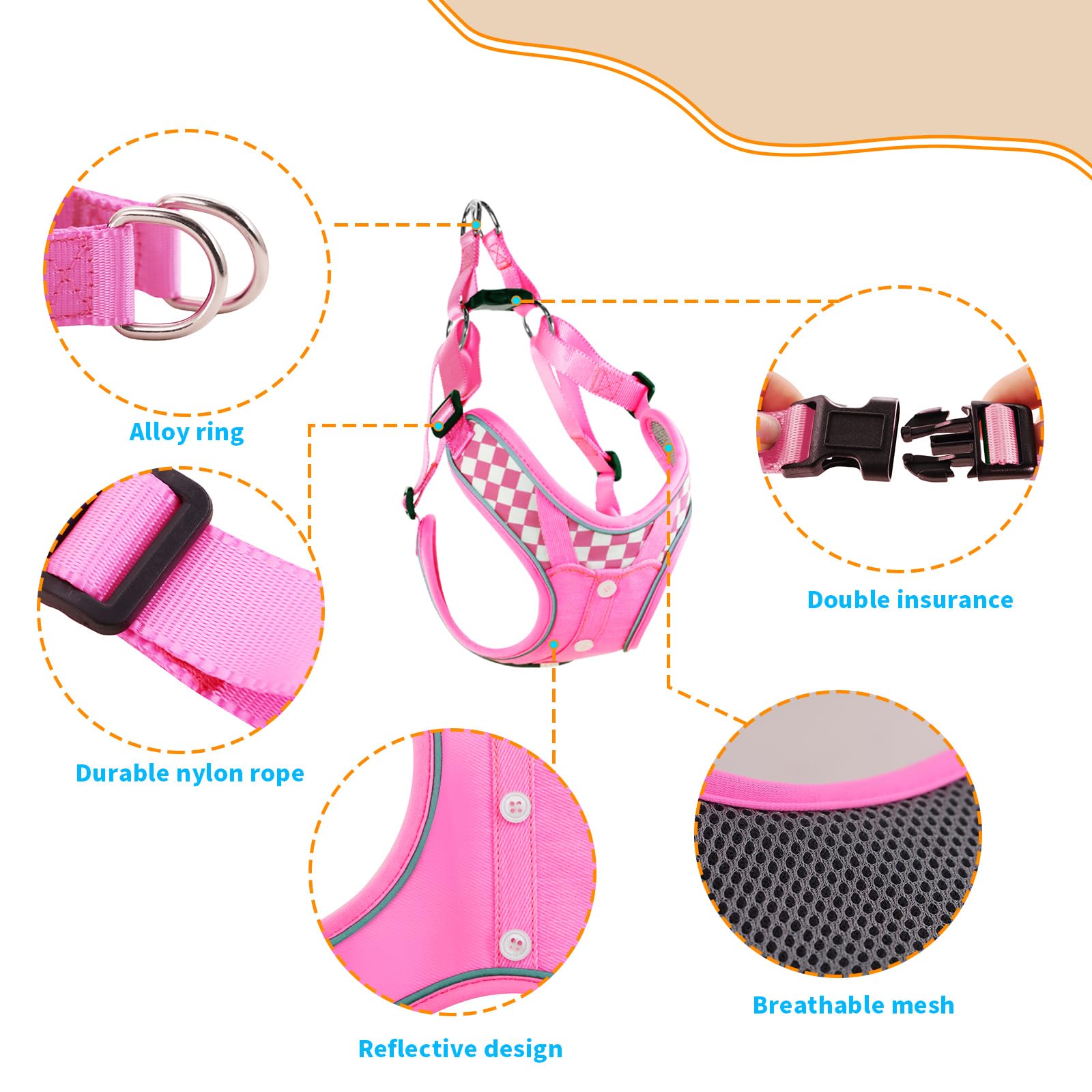 Denim French Bulldog Harness with Leash Set, with Breathable Padded Puppy Harness for Small Dogs Training and Walking (XS Pink)